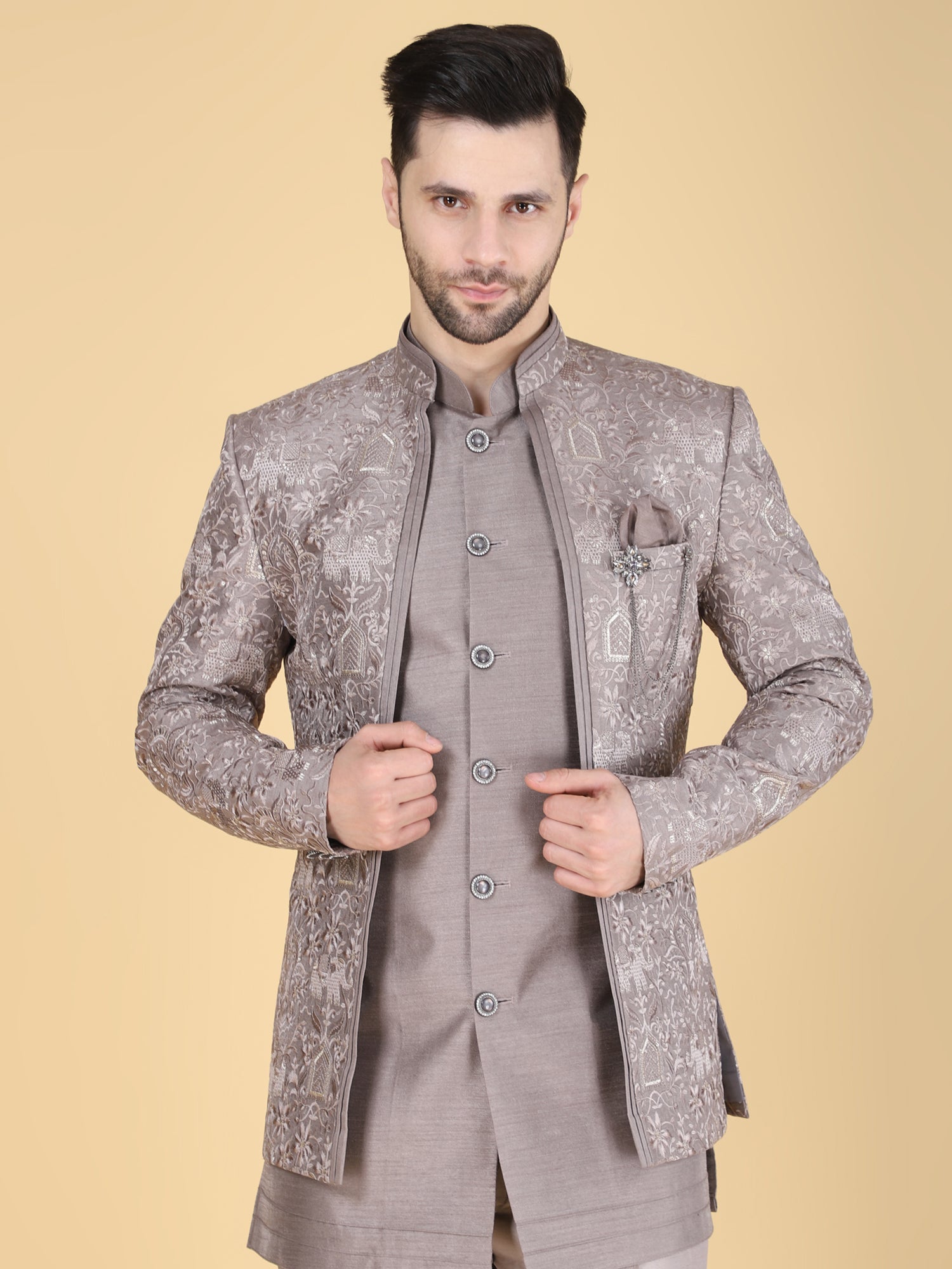 Grey Men's Bandhgala Set In Floral Embroidery