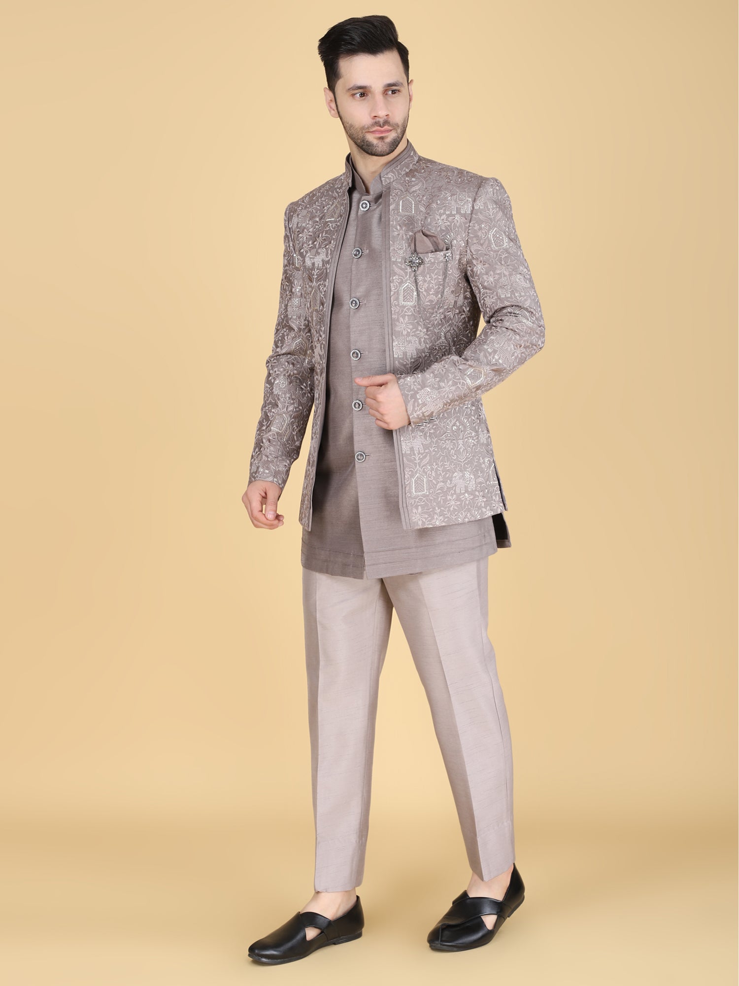 Grey Men's Bandhgala Set In Floral Embroidery