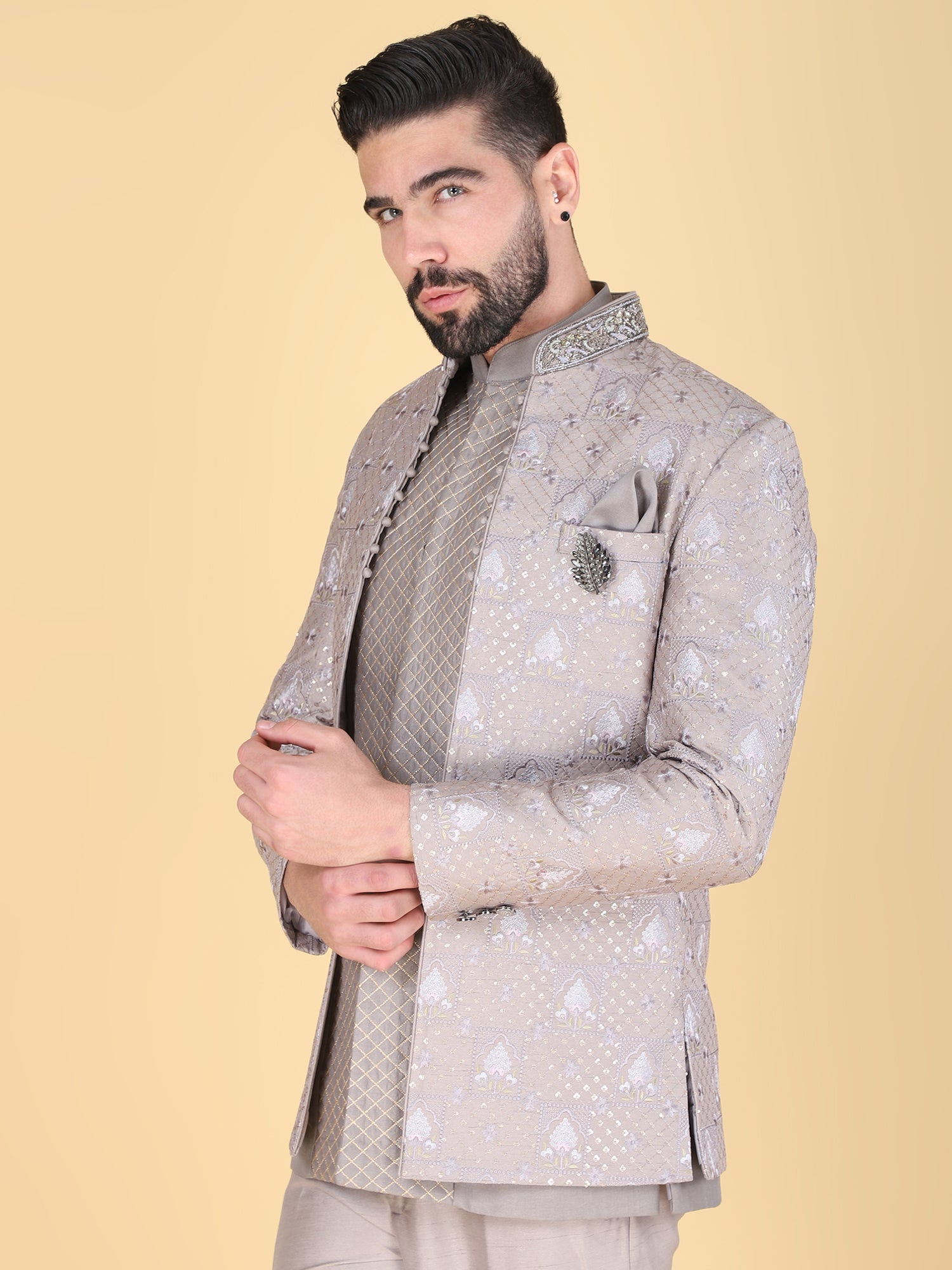 Light Grey Sequins Augmented Bandhgala Suit Set