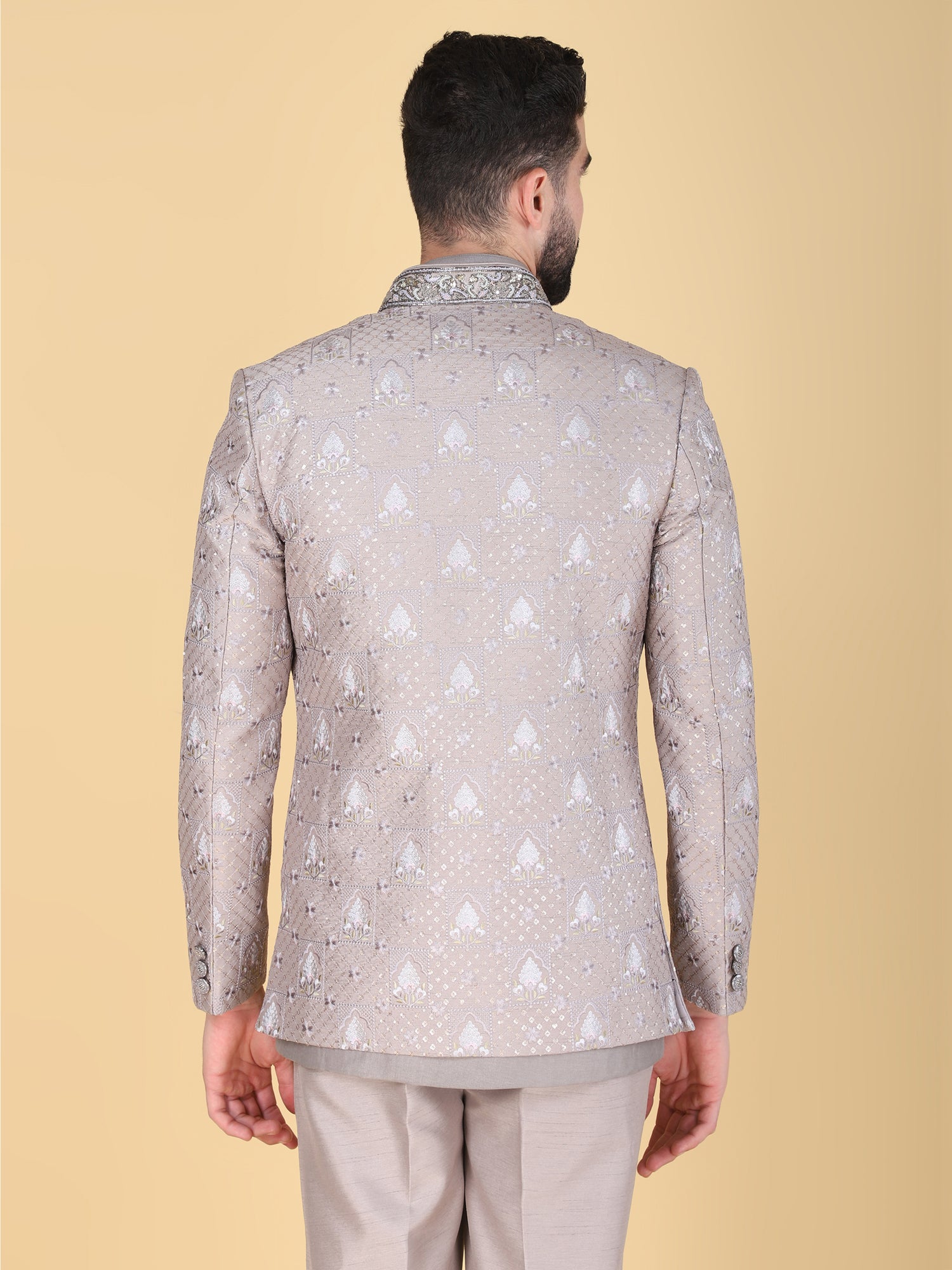 Light Grey Sequins Augmented Bandhgala Suit Set