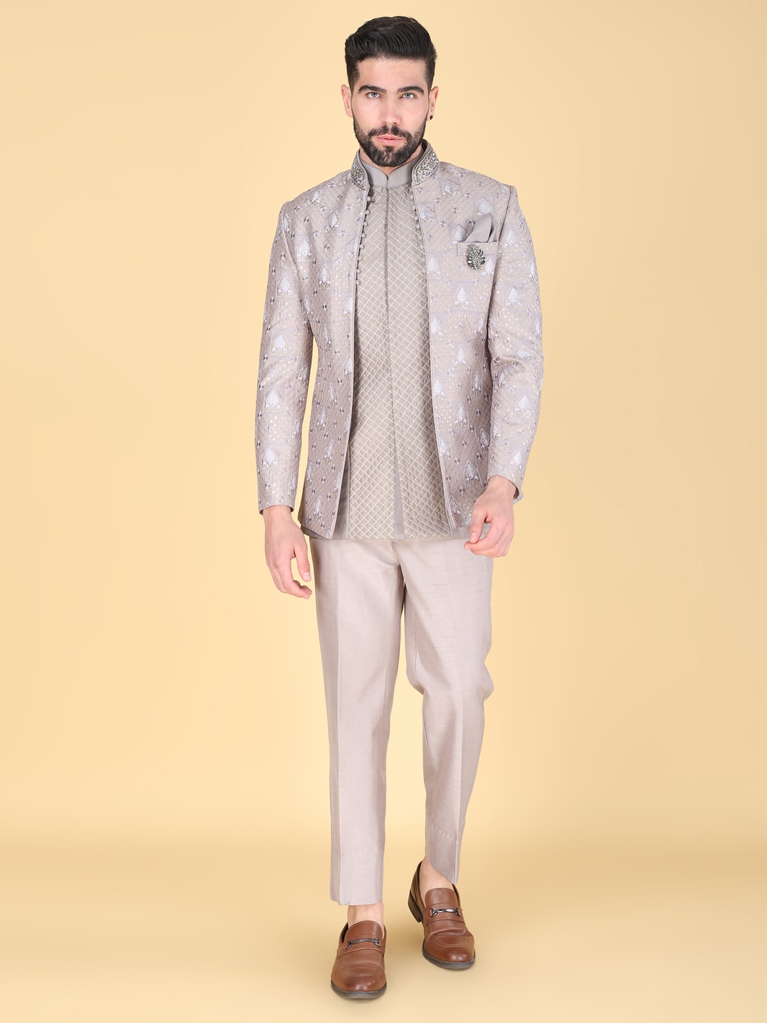Light Grey Sequins Augmented Bandhgala Suit Set