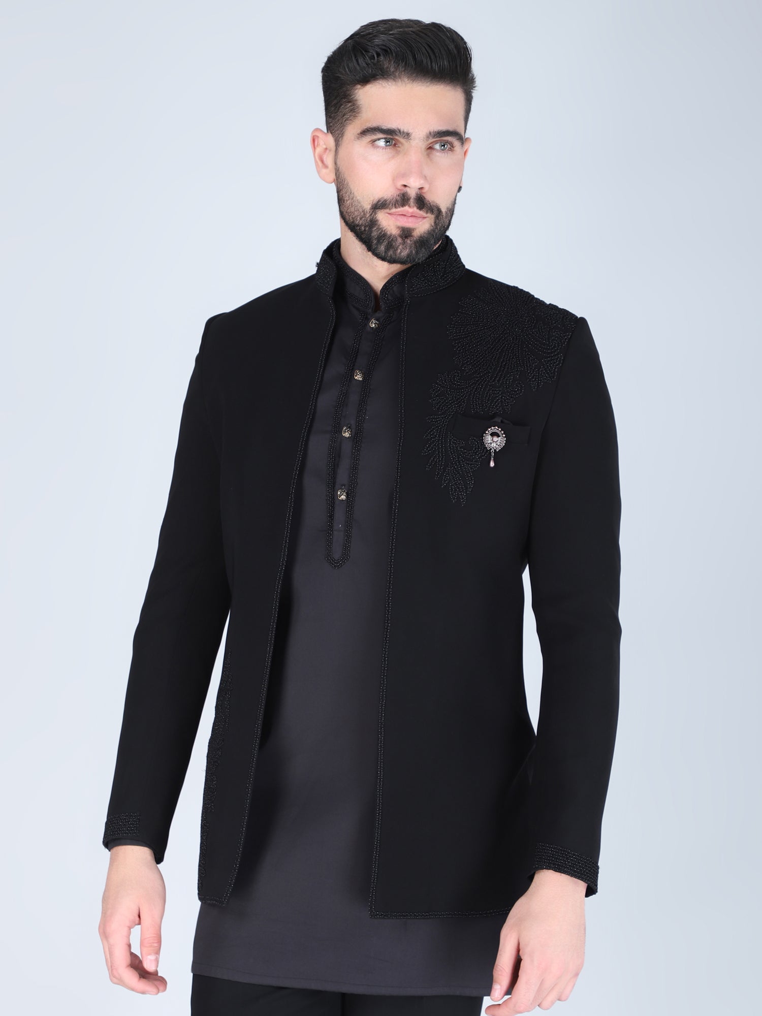 Black Heavy Embroidered Bandhgala Set For Men
