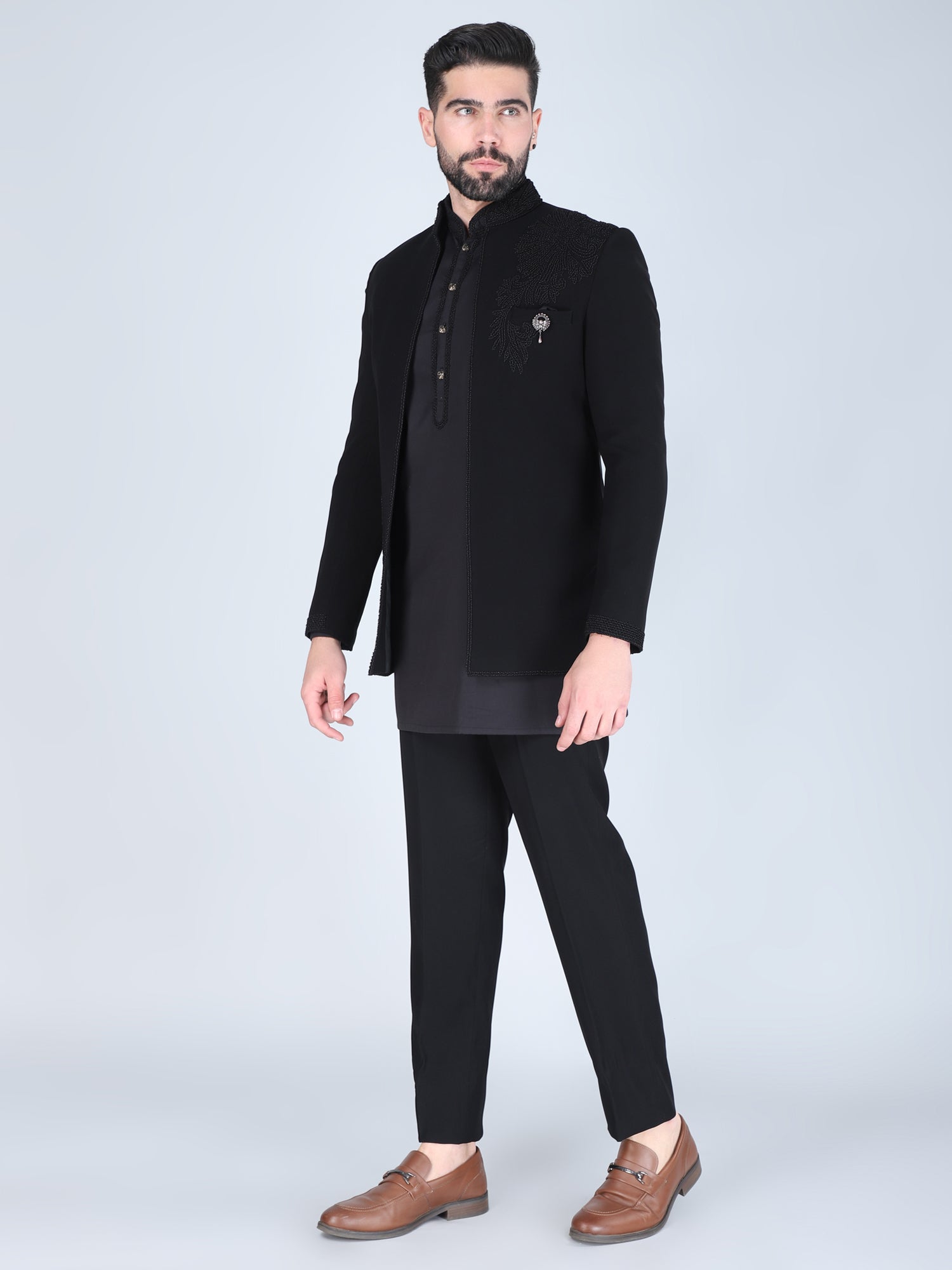 Black Heavy Embroidered Bandhgala Set For Men