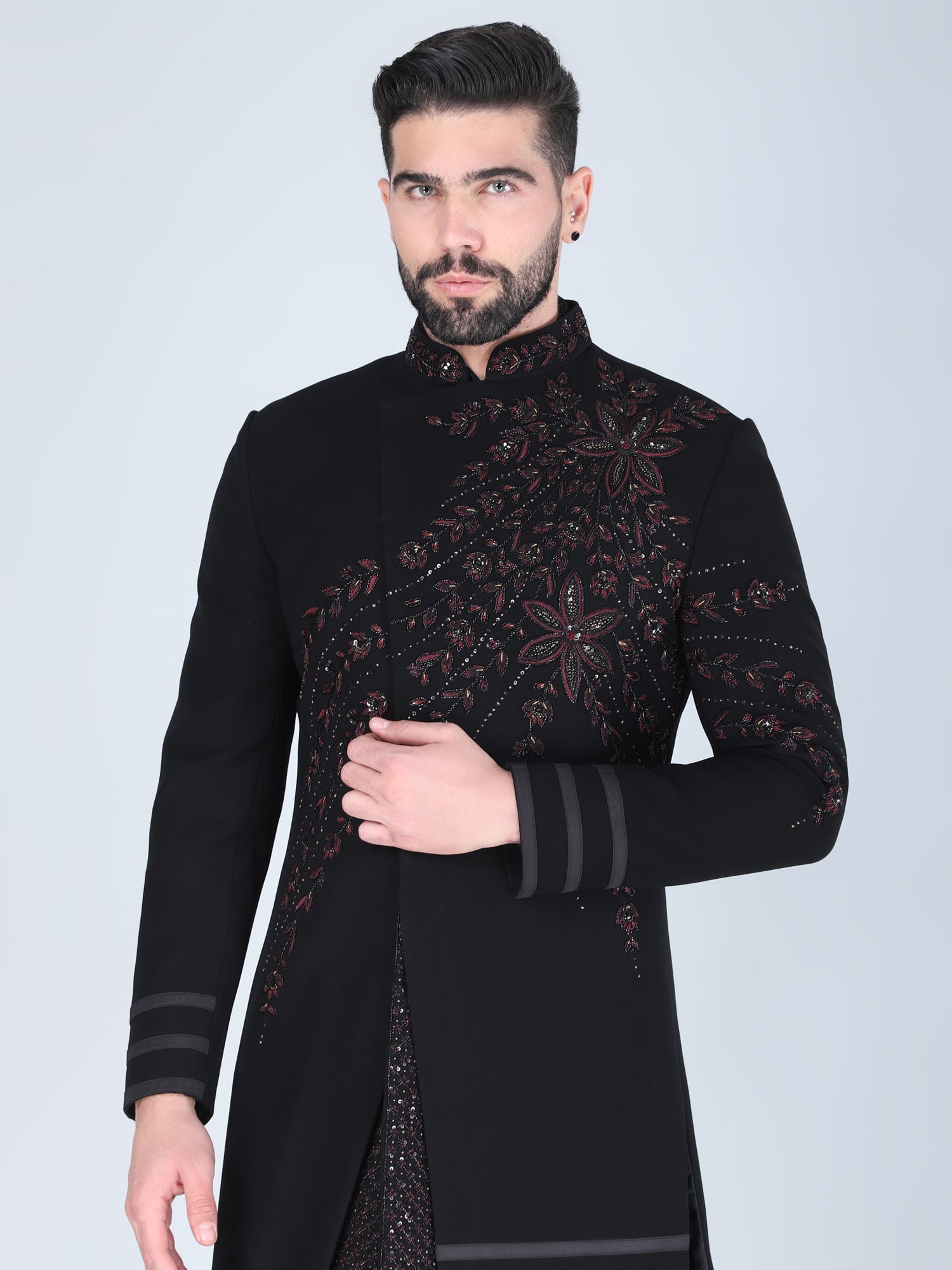Black Asymmetric Pattern Indowestern Set In Silk