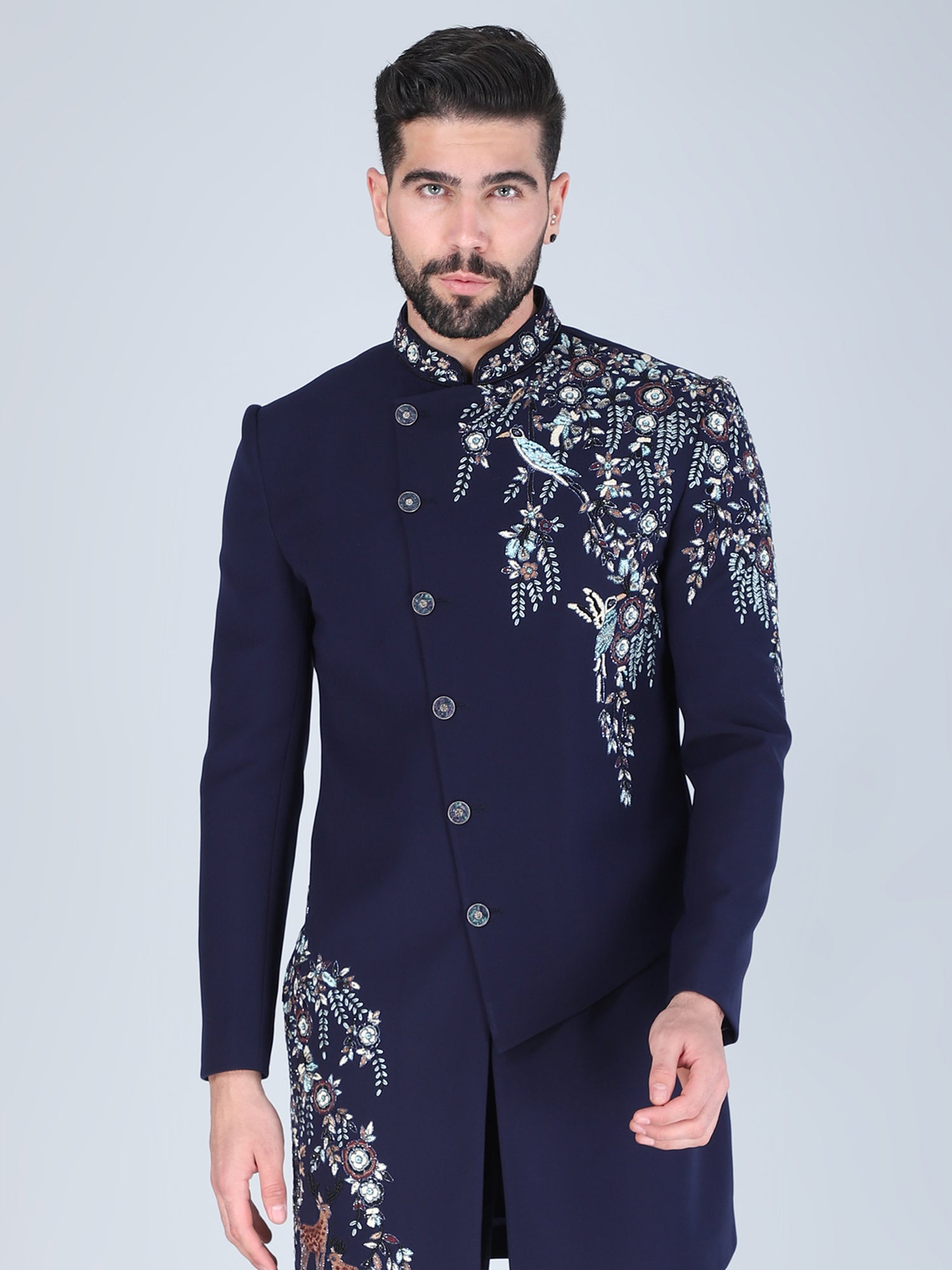 Navy Blue Asymmetric Men's Stylish Indo Western