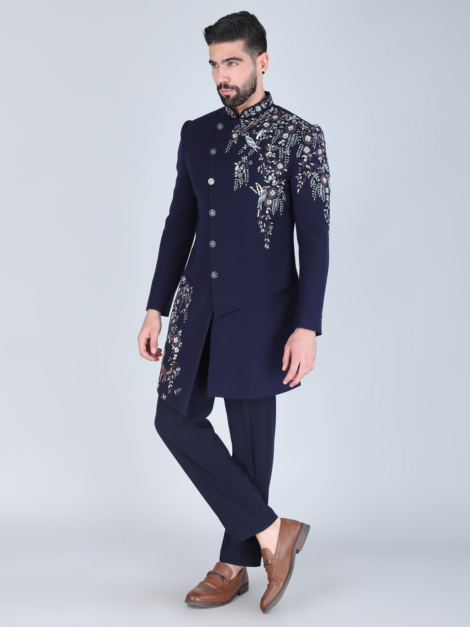 Navy Blue Asymmetric Men's Stylish Indo Western