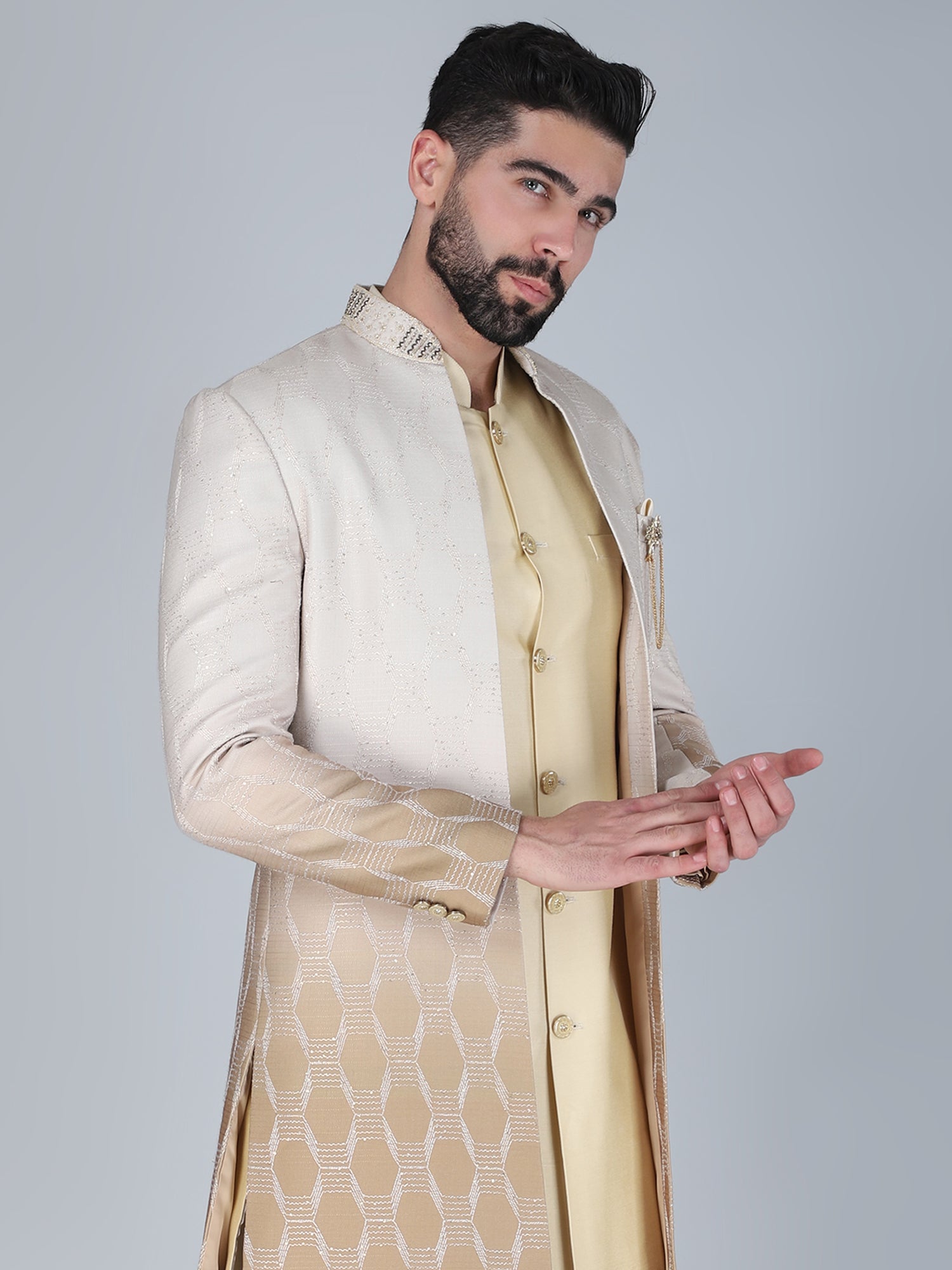 Ivory Cream Silk Indowestern With Ombre Shaded Jacket