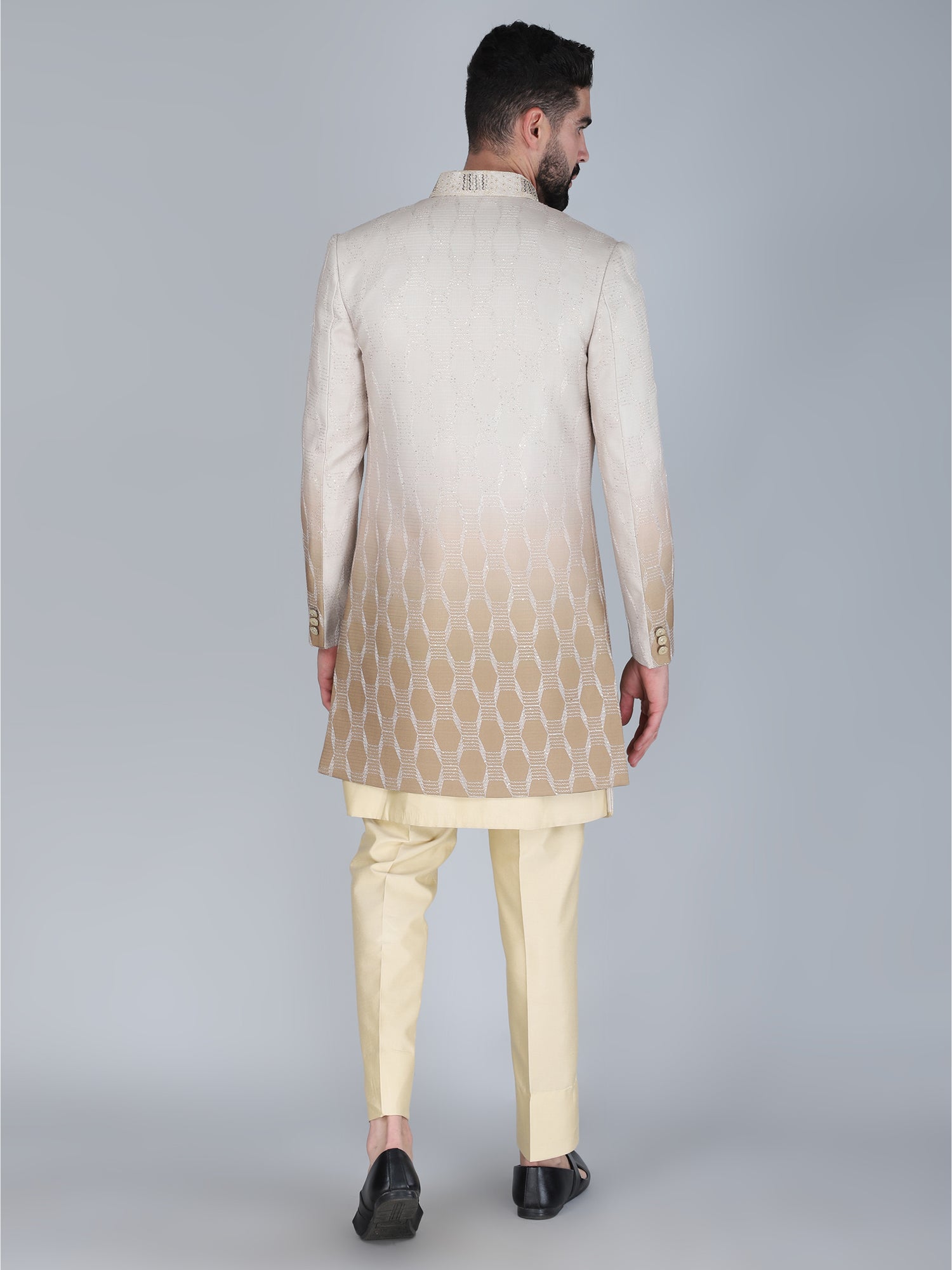 Ivory Cream Silk Indowestern With Ombre Shaded Jacket