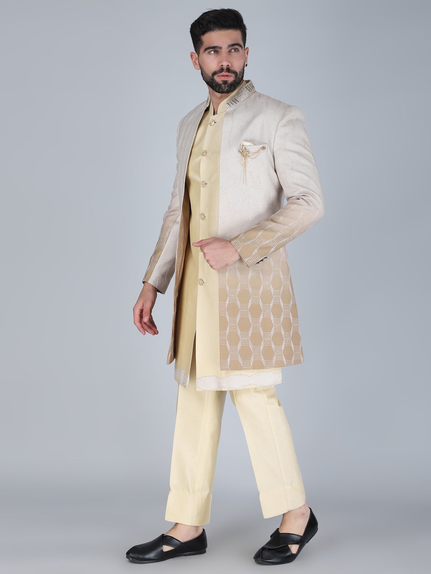 Ivory Cream Silk Indowestern With Ombre Shaded Jacket