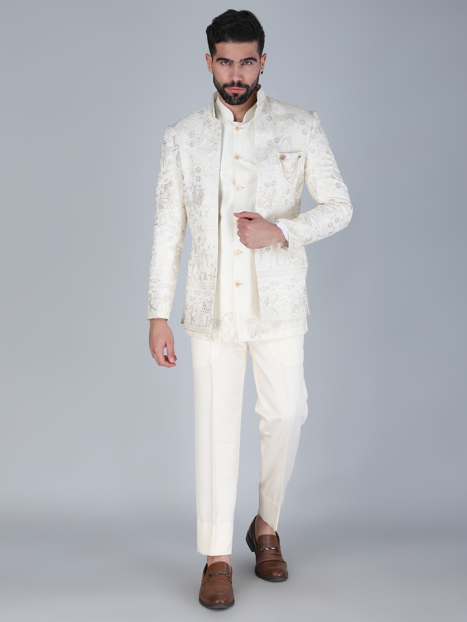 White Front Open Jodhpuri Dress Set For Mens