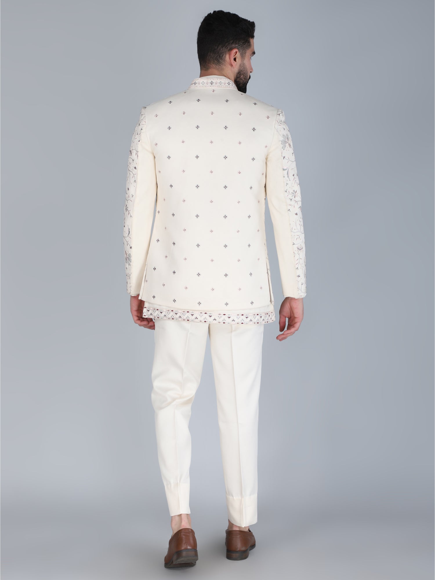 Off White Floral Thread Work Bandhgala Suit