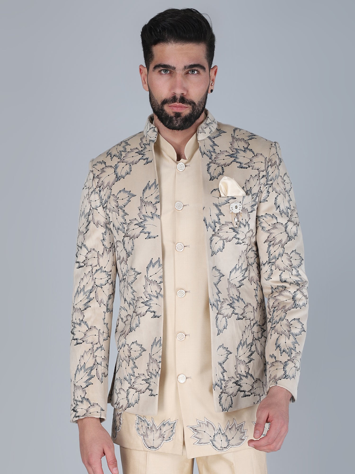 Cream Short Length Indo Western In Floral Embroidery