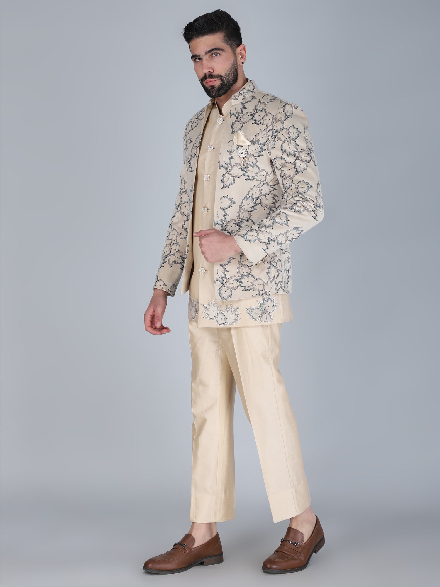 Cream Short Length Indo Western In Floral Embroidery