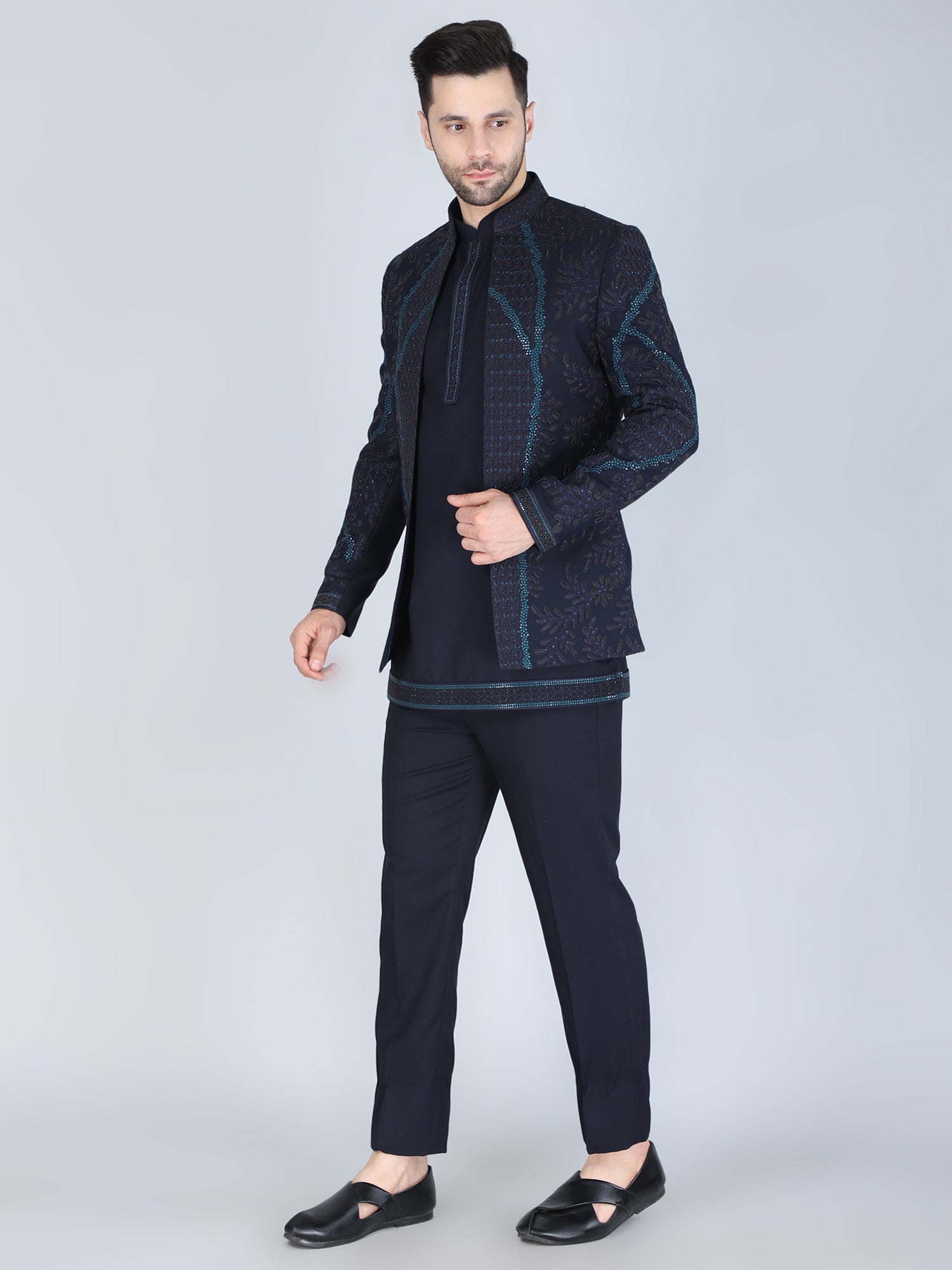 Navy Blue Sequins Embellished Jodhpuri Set