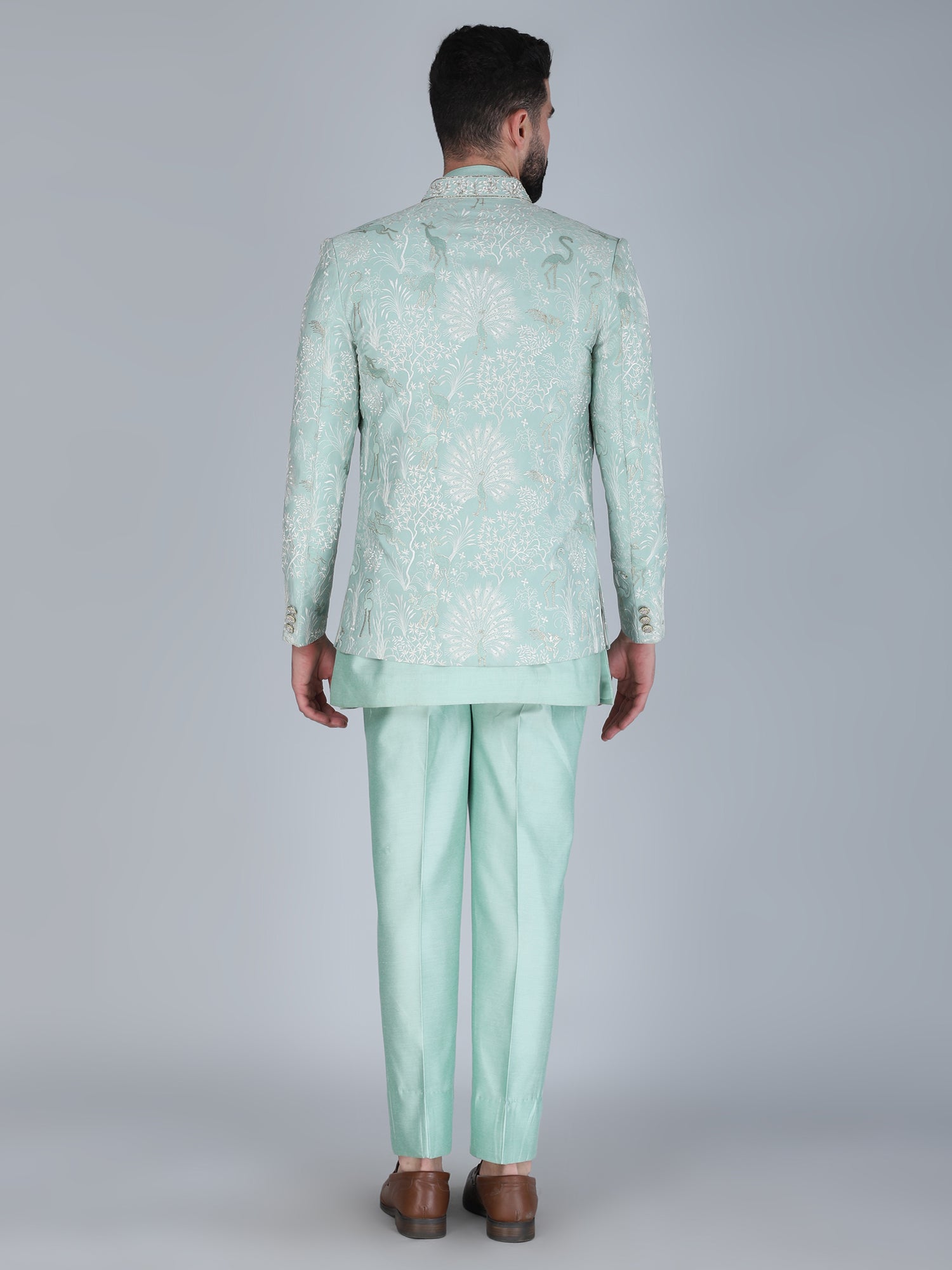 Turquoise Designer Mandarin Suit In Stone Work