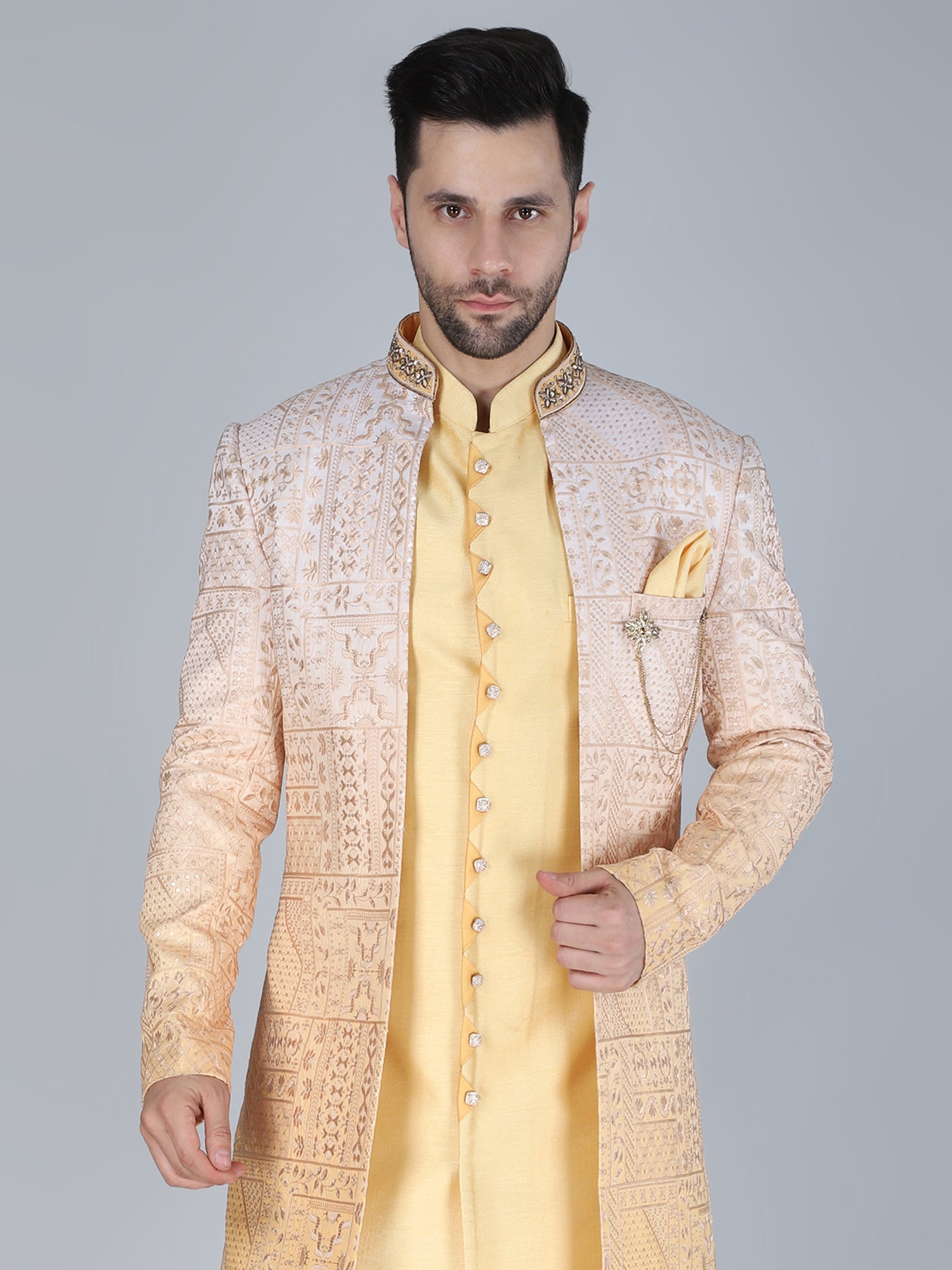 Yellow Sequins Work Indowestern With Shaded Jacket