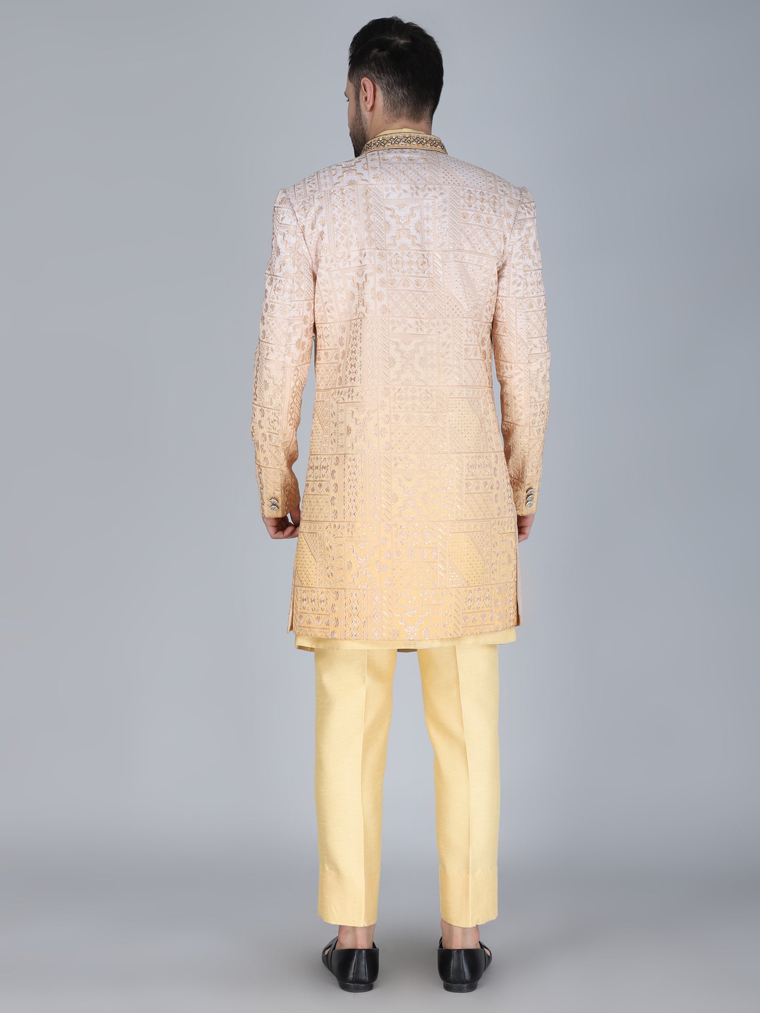 Yellow Sequins Work Indowestern With Shaded Jacket