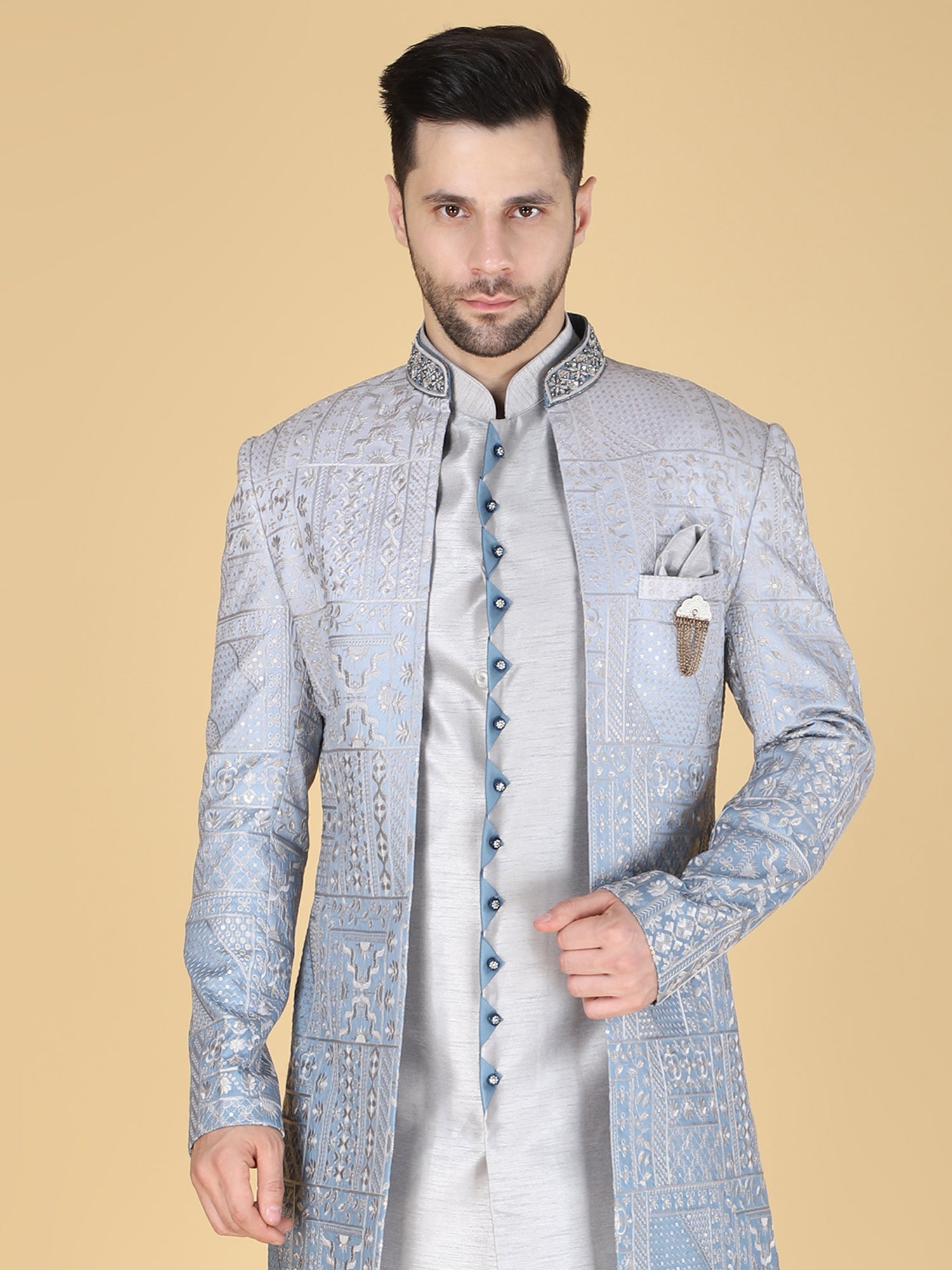 Grey Wedding Indo Western With Front Open Jacket