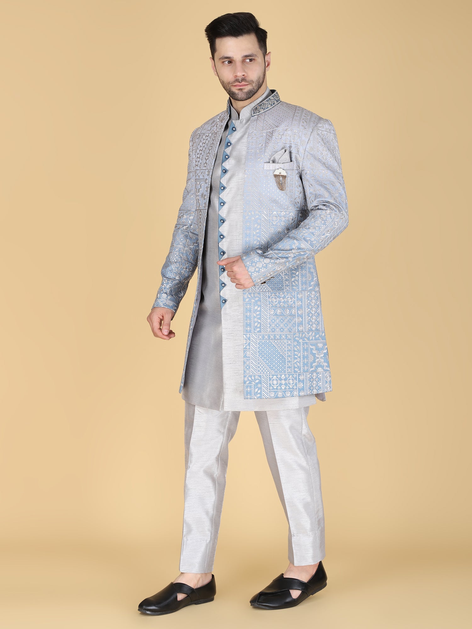 Grey Wedding Indo Western With Front Open Jacket