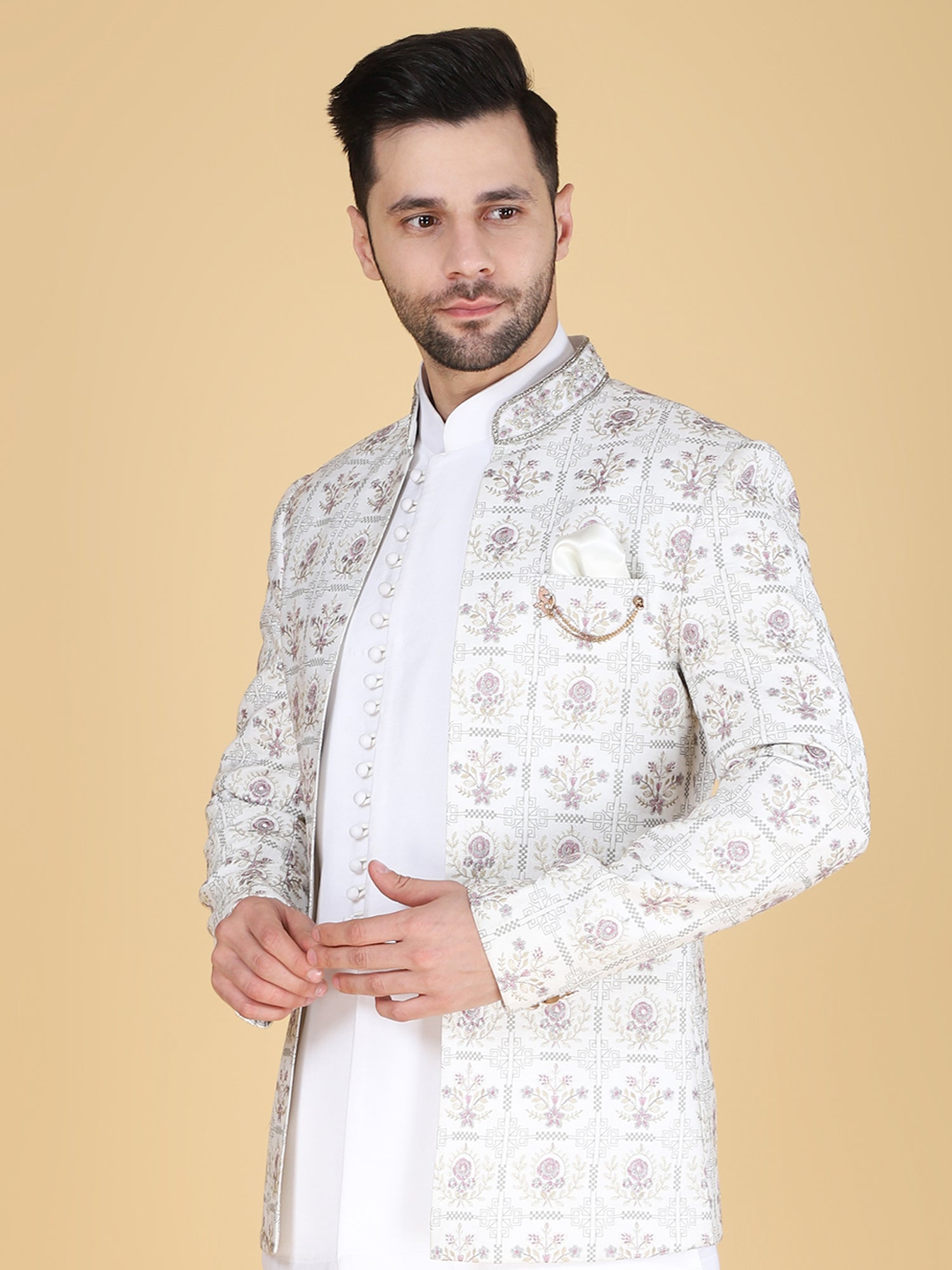 White Floral Work Bandhgala Suit With Jacket