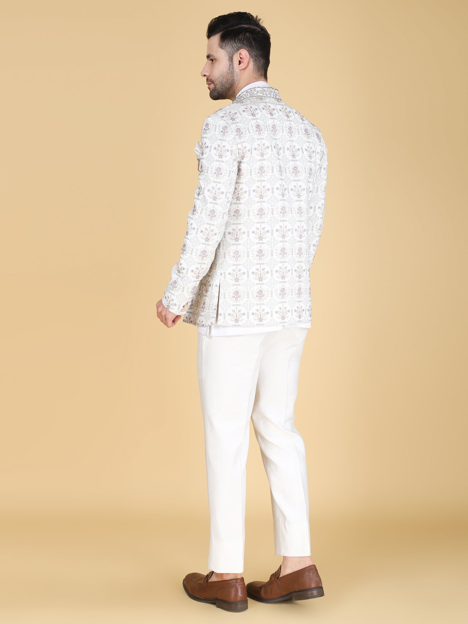 White Floral Work Bandhgala Suit With Jacket