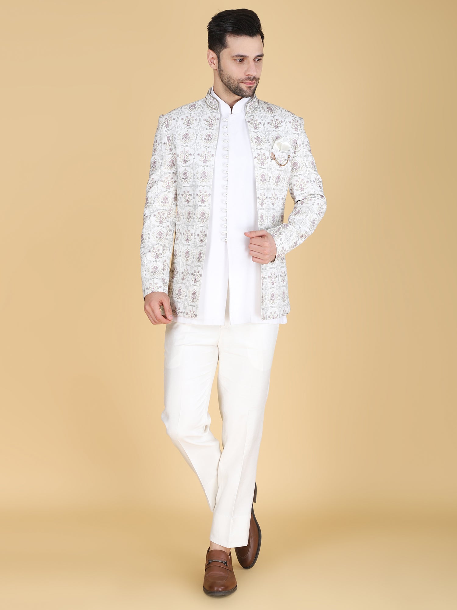 White Floral Work Bandhgala Suit With Jacket