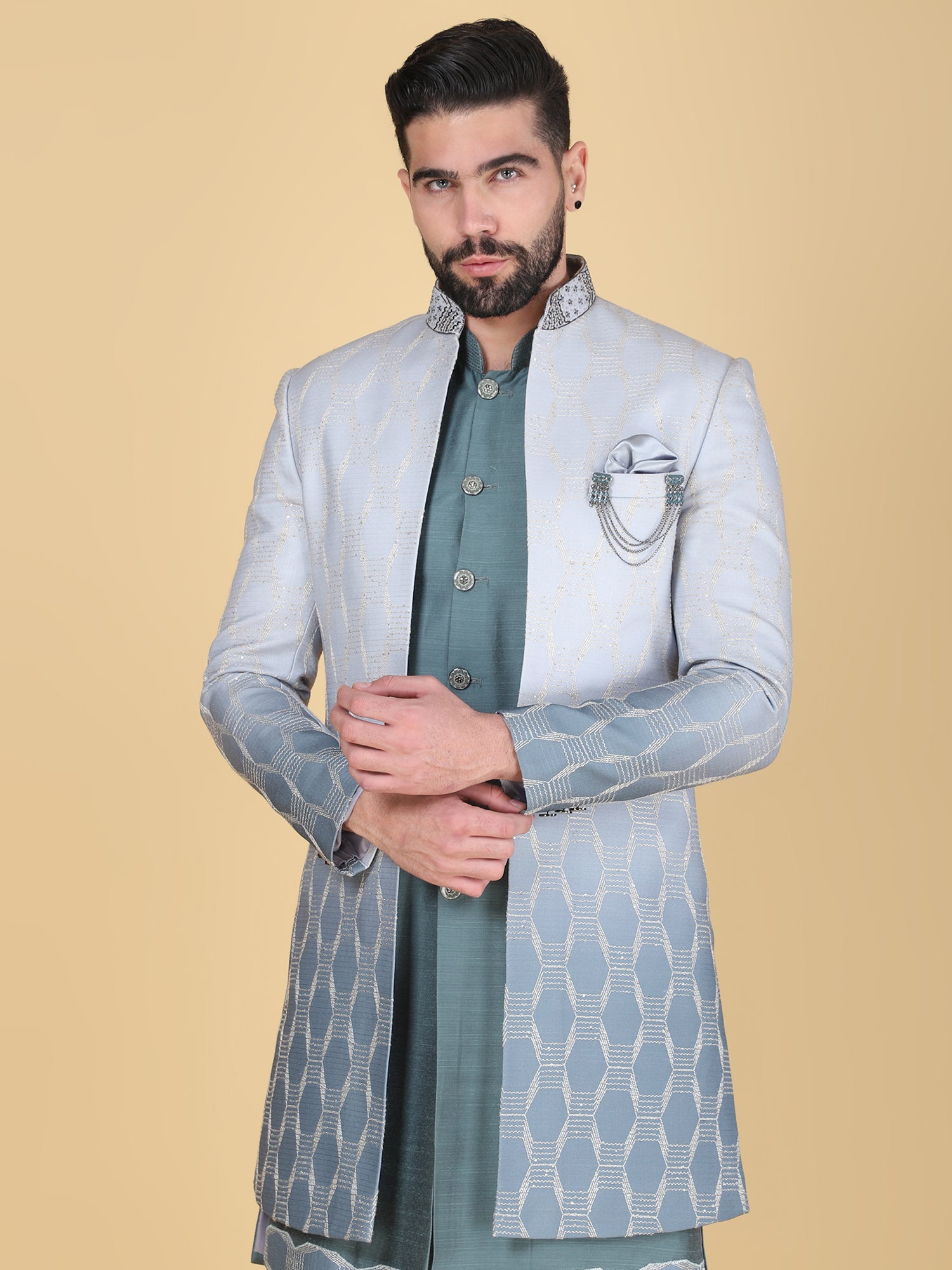 Green Menswear Indo Western With Embroidered Jacket