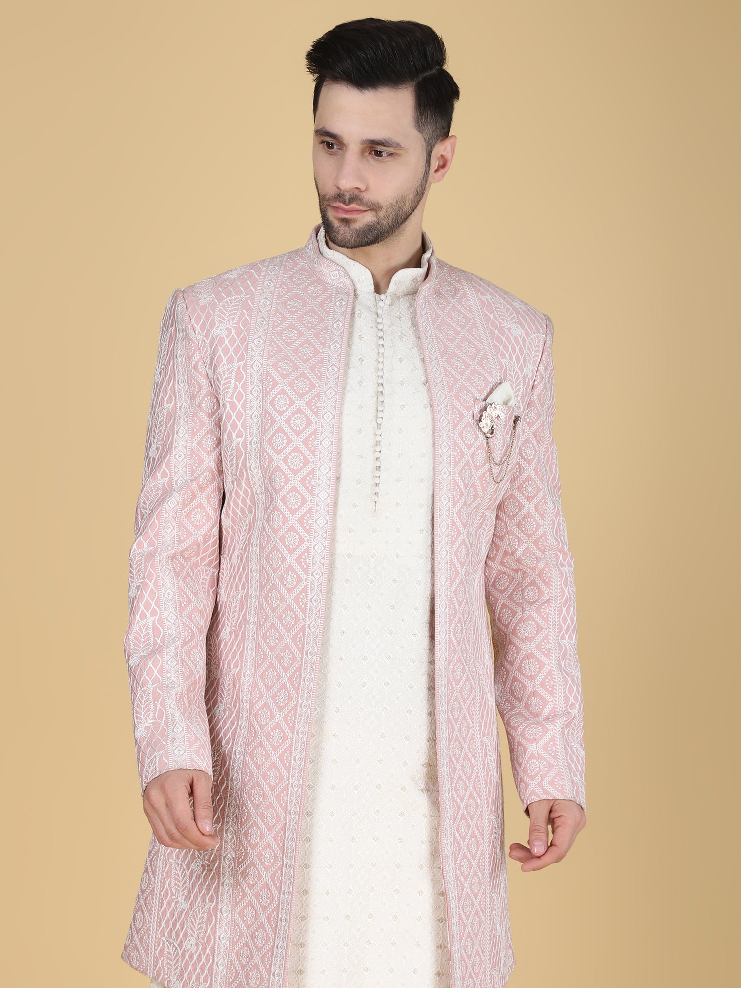 Off White Open Jacketed Style Indowestern Set