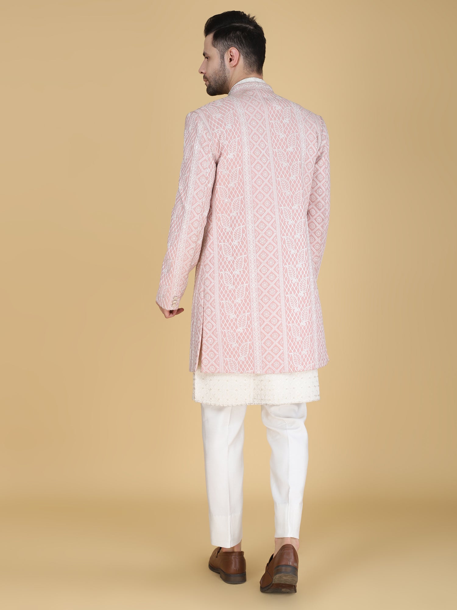 Off White Open Jacketed Style Indowestern Set