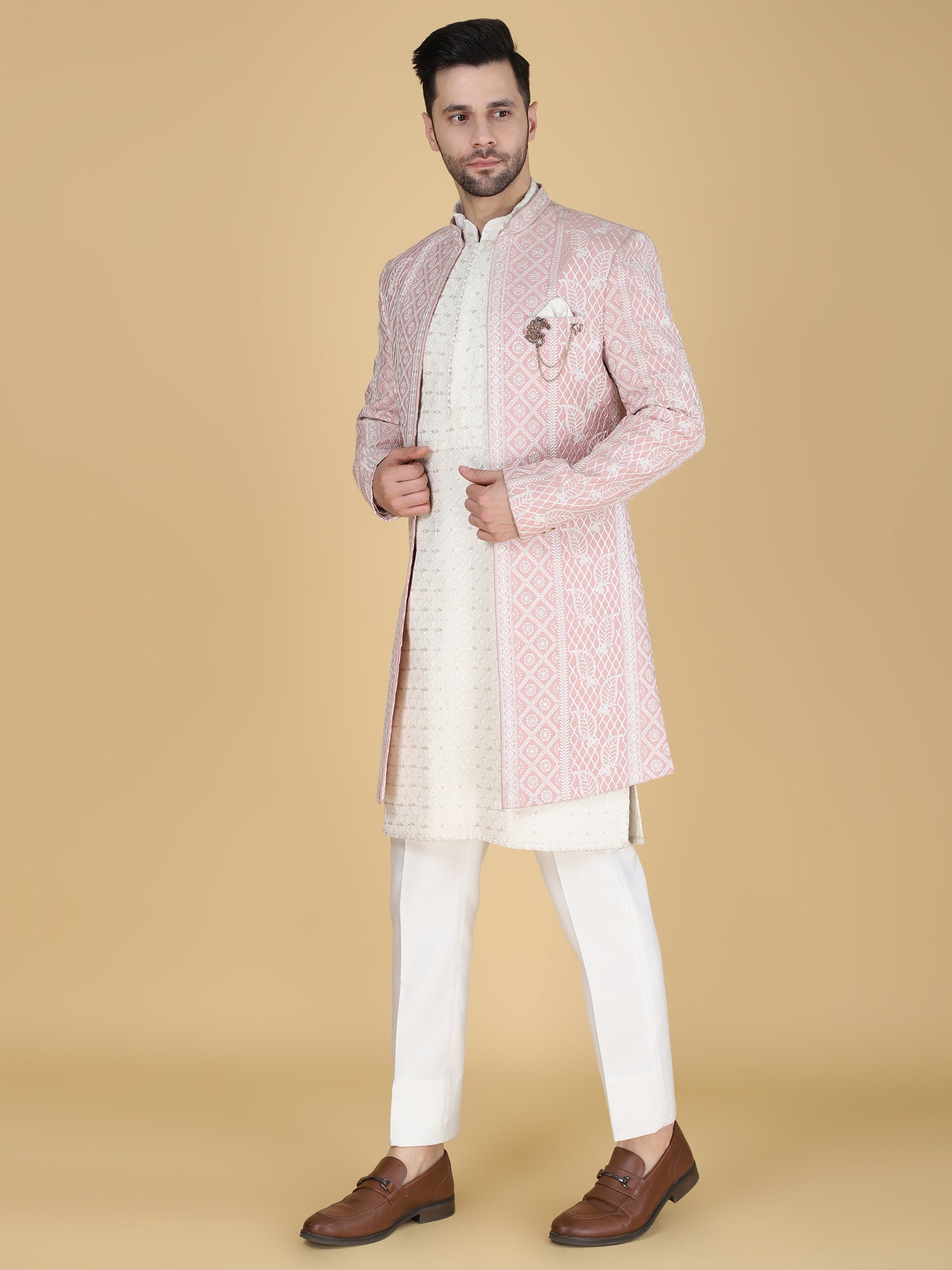 Off White Open Jacketed Style Indowestern Set