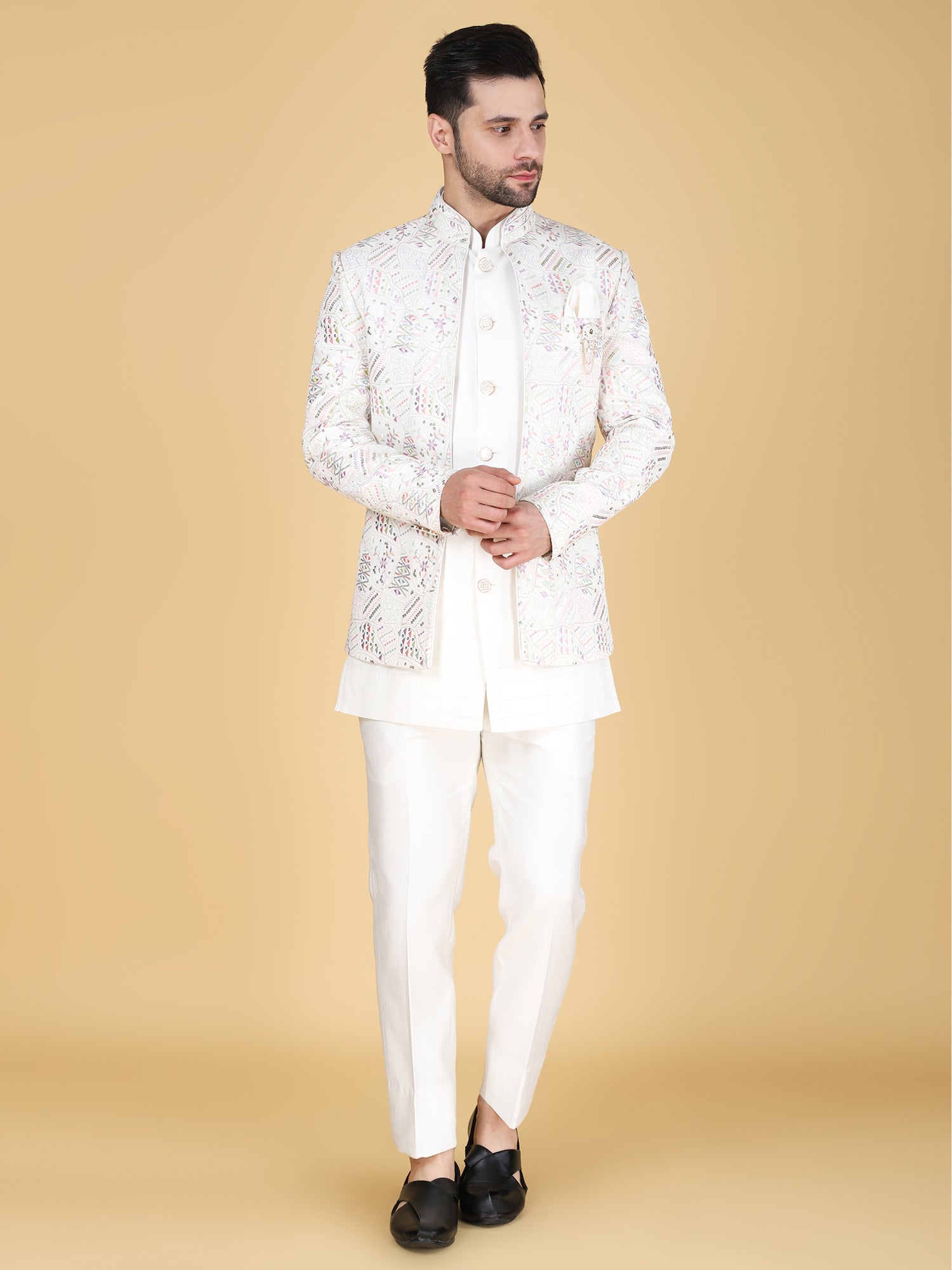 Off White Sequins Augmented Men's Jodhpuri Set