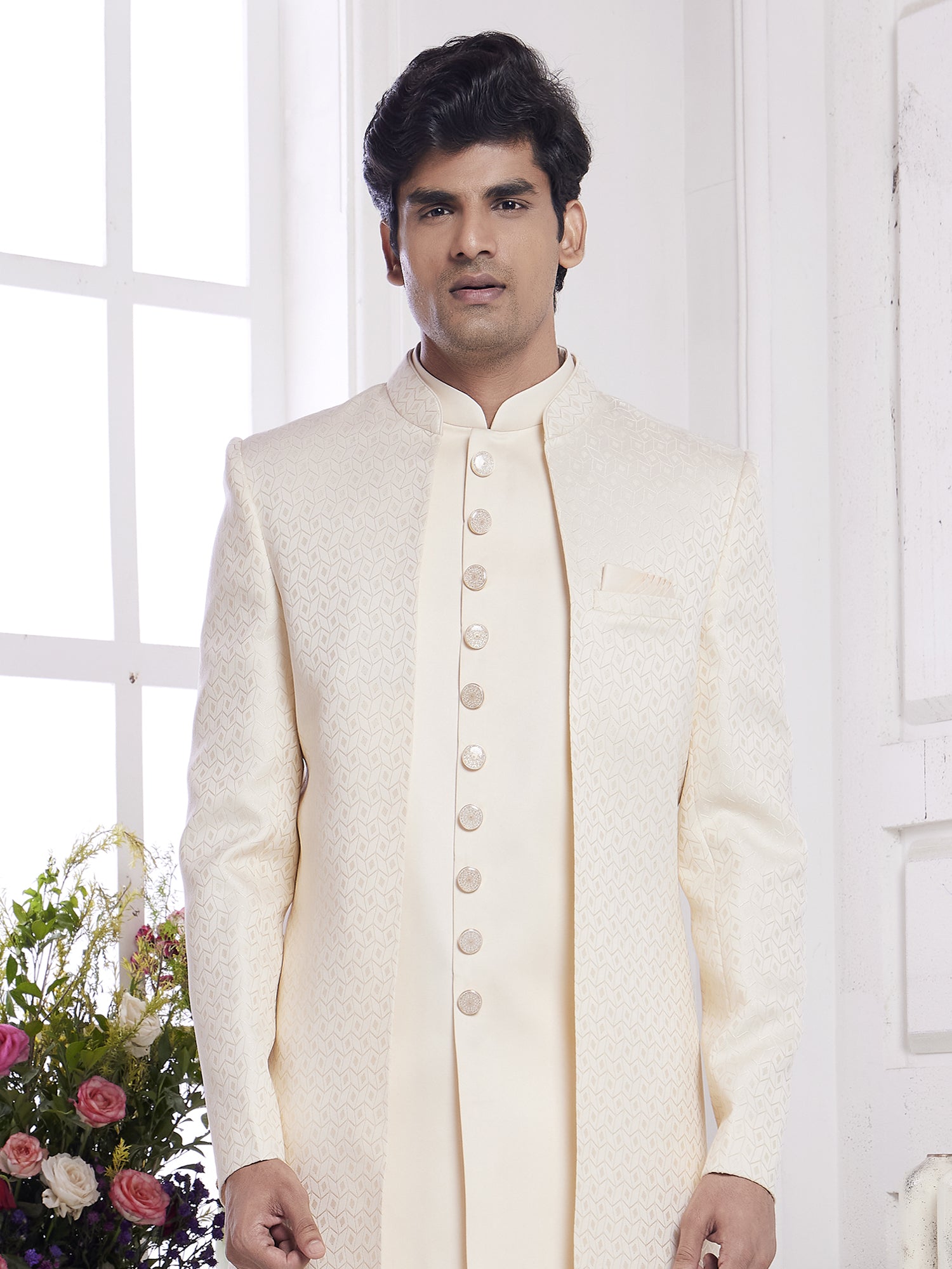 Cream Men's Embroidered Jacket Style Indo Western