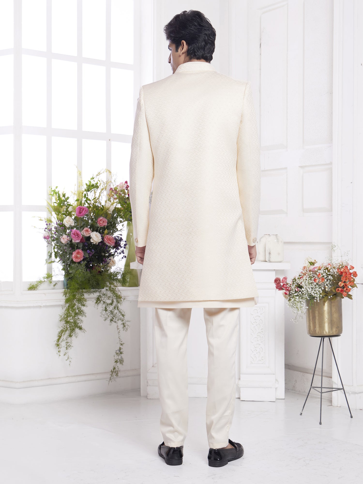 Cream Men's Embroidered Jacket Style Indo Western