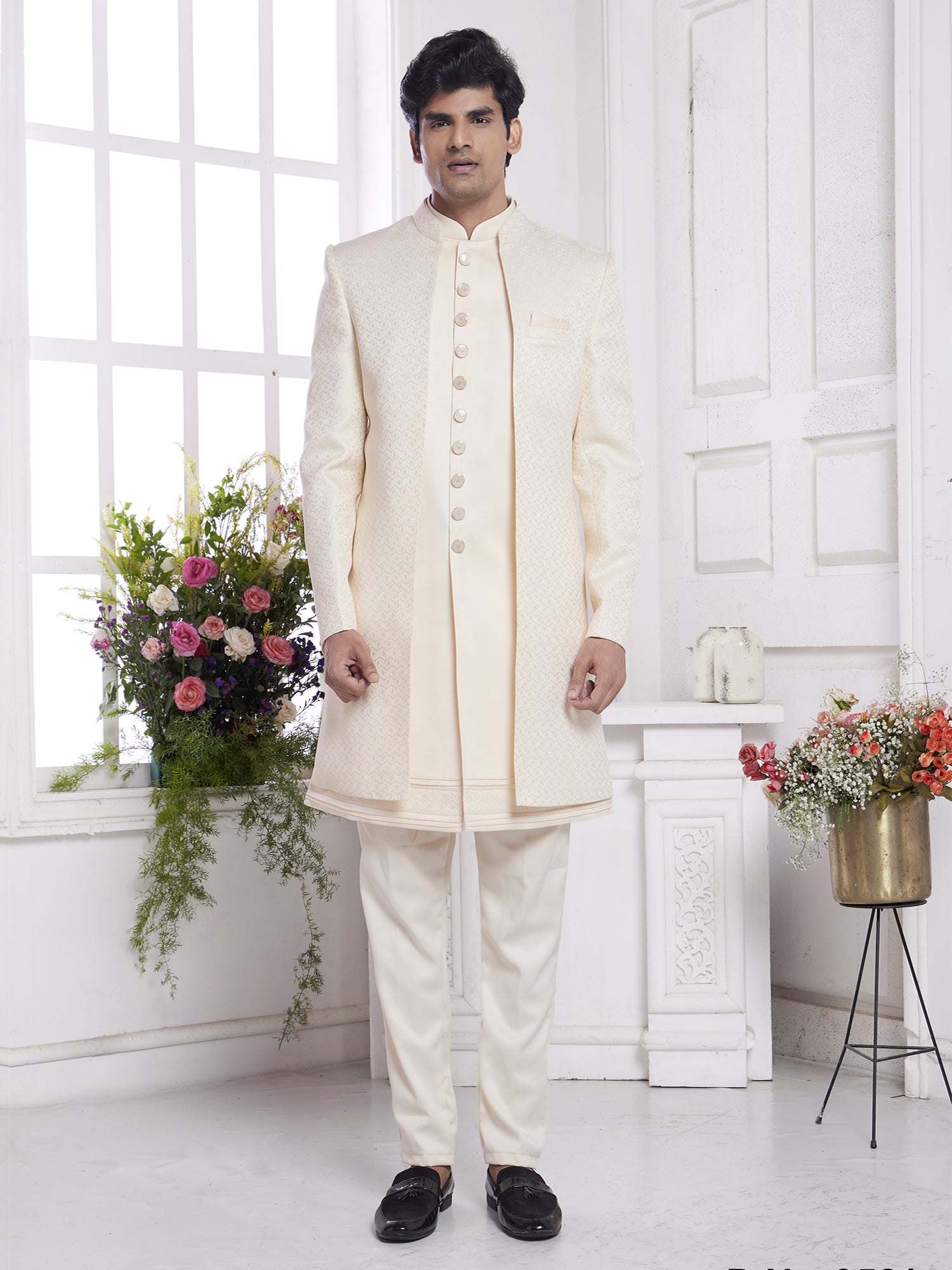 Cream Men's Embroidered Jacket Style Indo Western