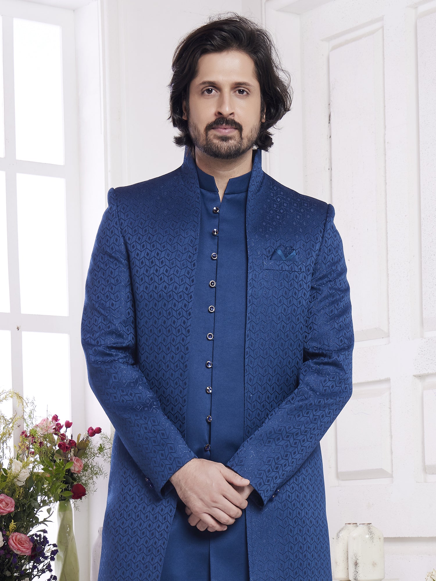 Blue Silk Indowestern With Embroidered Open Jacket