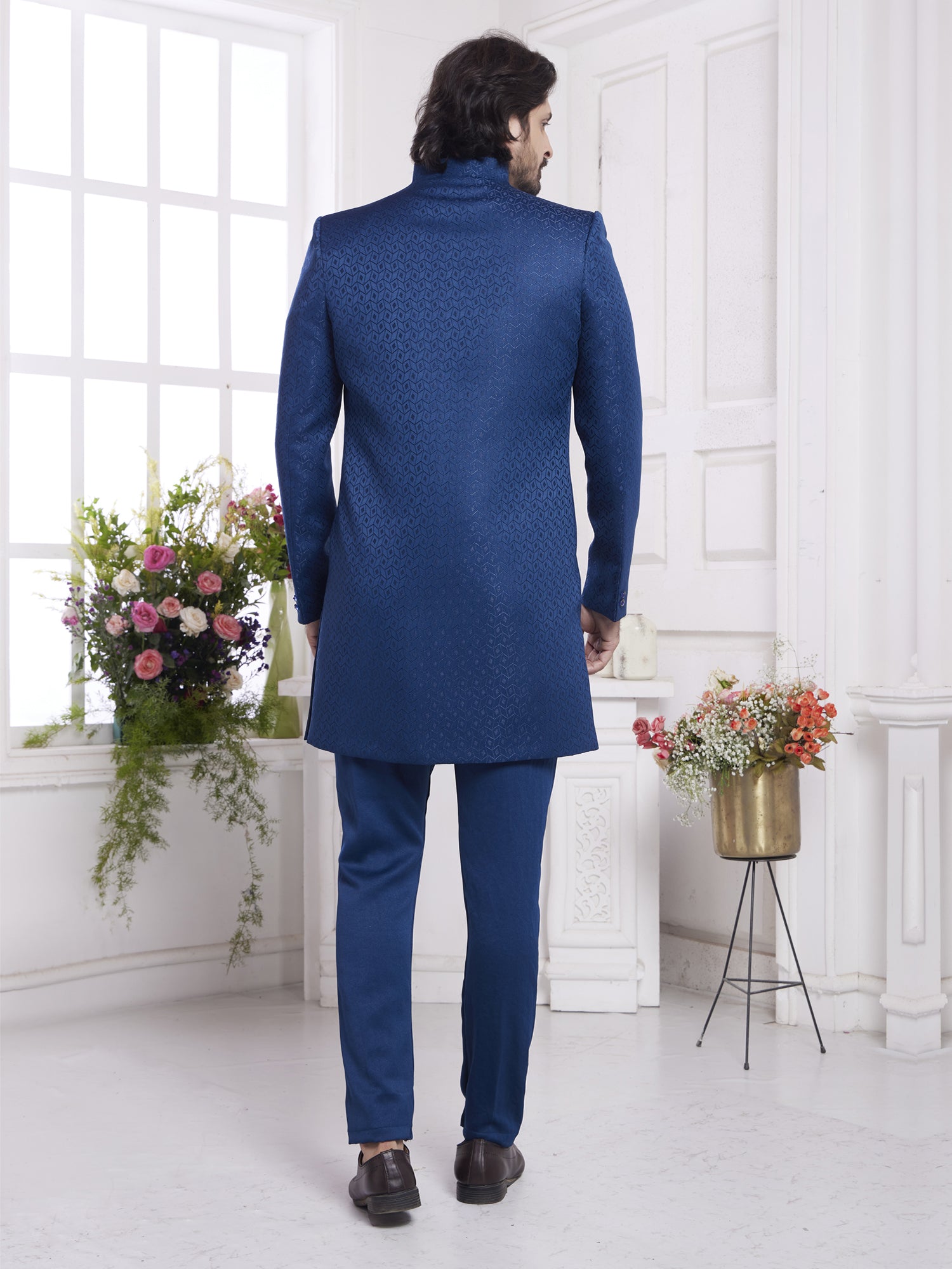 Blue Silk Indowestern With Embroidered Open Jacket
