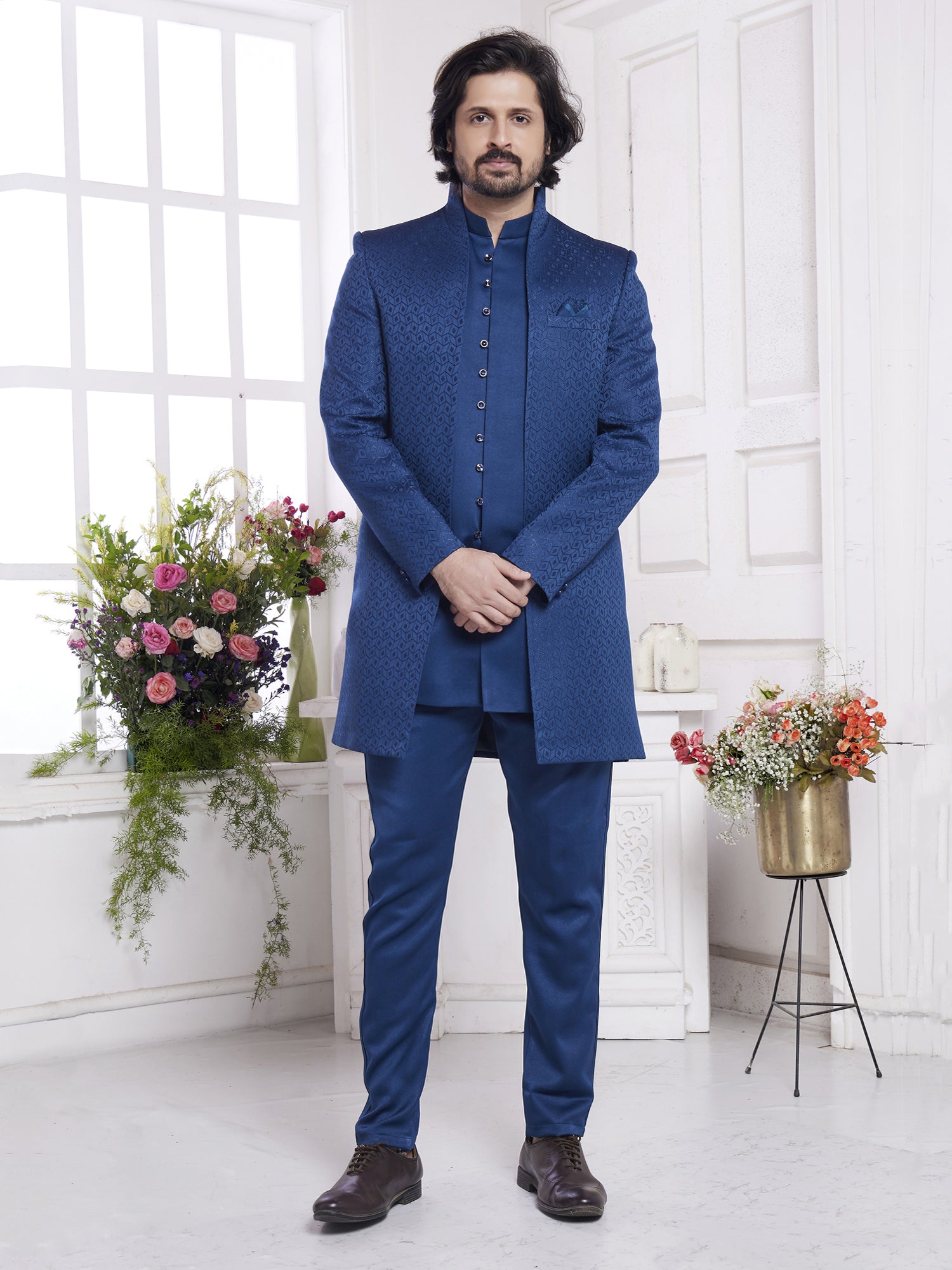 Blue Silk Indowestern With Embroidered Open Jacket