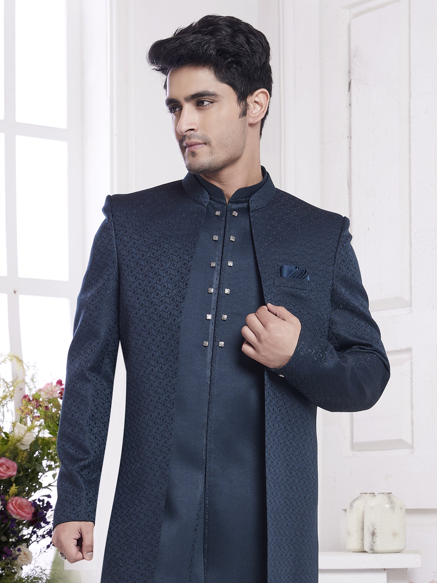 Navy Blue Wedding Jacketed Style Indowestern Set