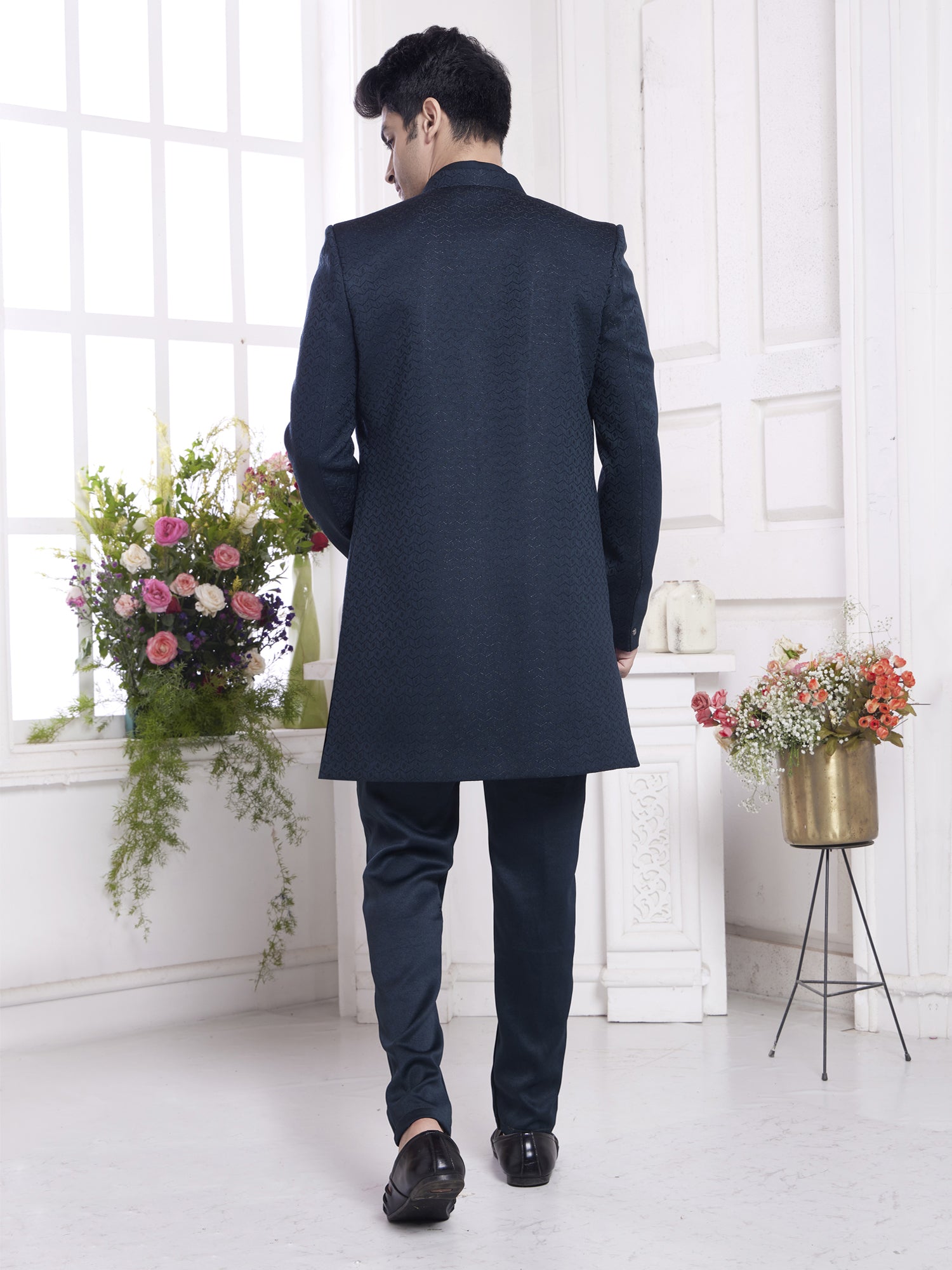 Navy Blue Wedding Jacketed Style Indowestern Set
