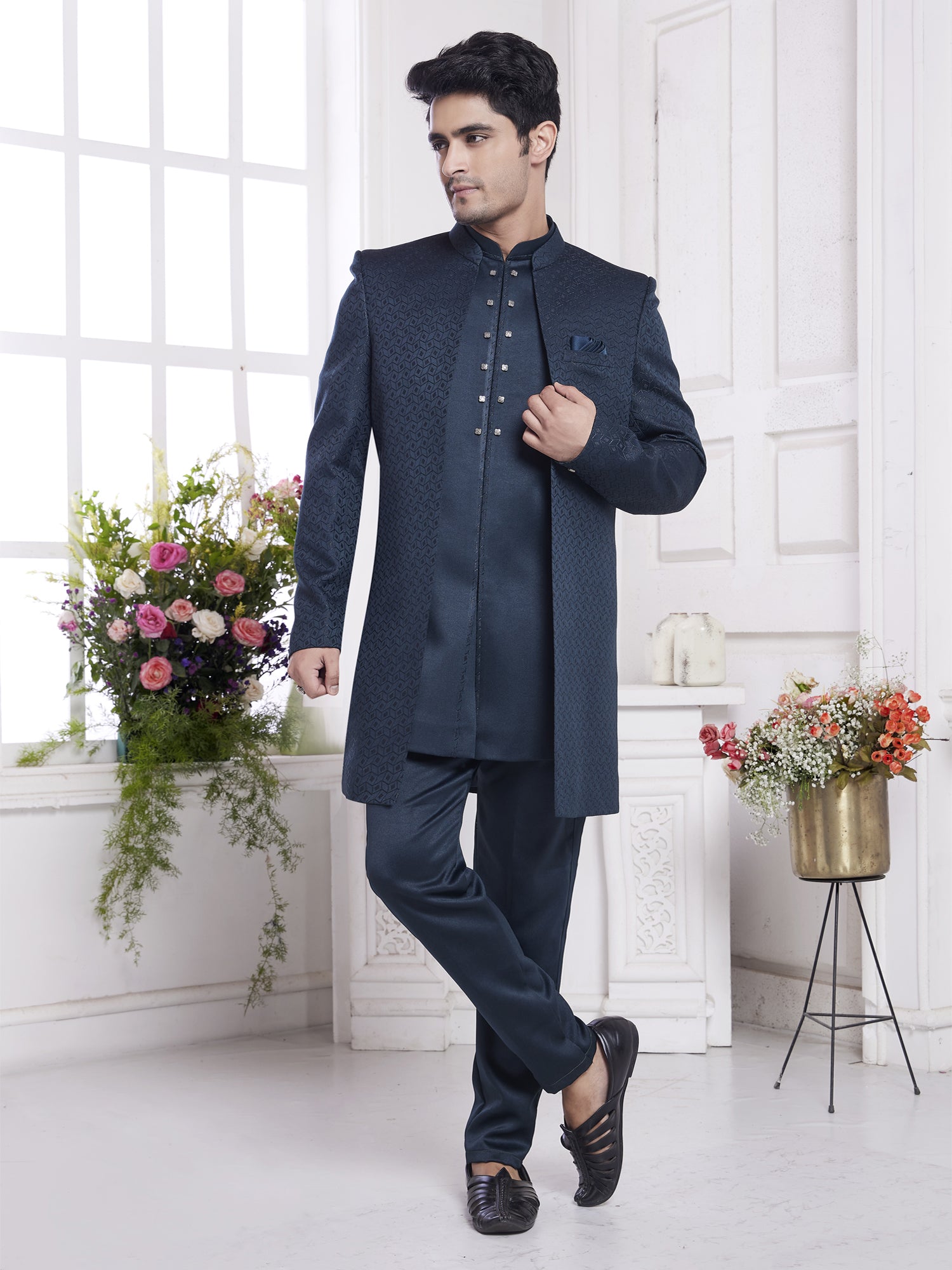 Navy Blue Wedding Jacketed Style Indowestern Set