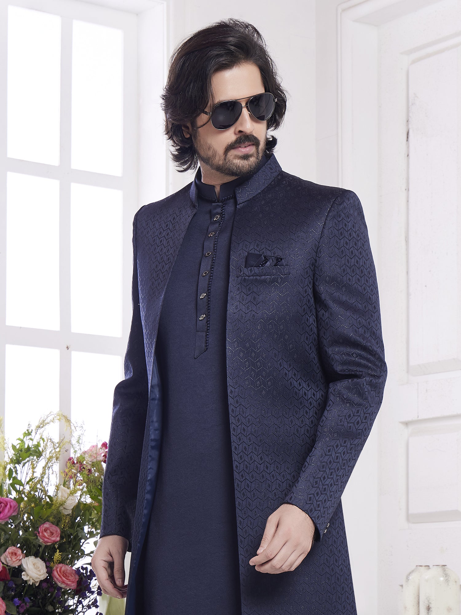 Midnight Blue Silk Indo Western For Mens With Jacket