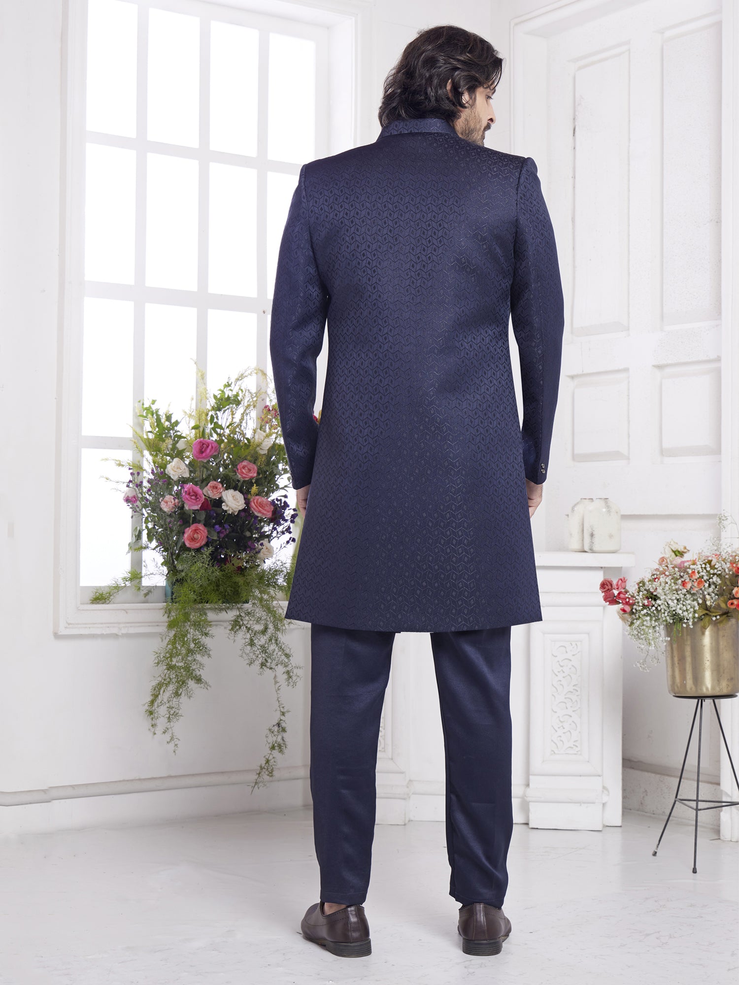Midnight Blue Silk Indo Western For Mens With Jacket
