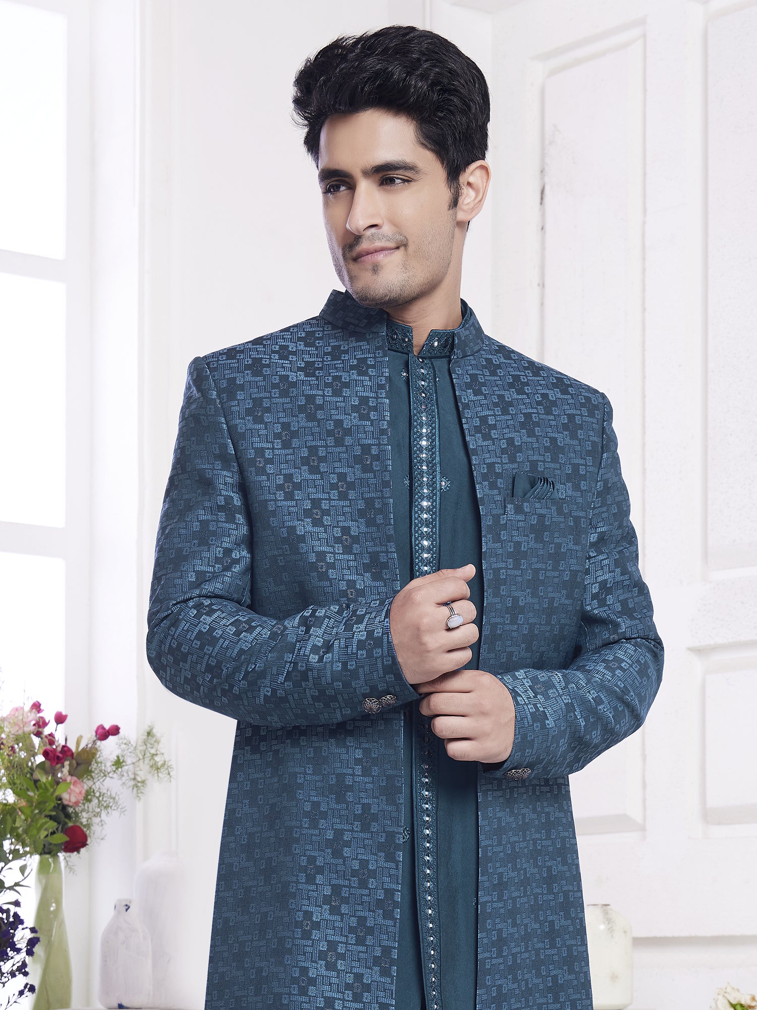 Blue Sequins Work Indowestern Set In Silk For Mens
