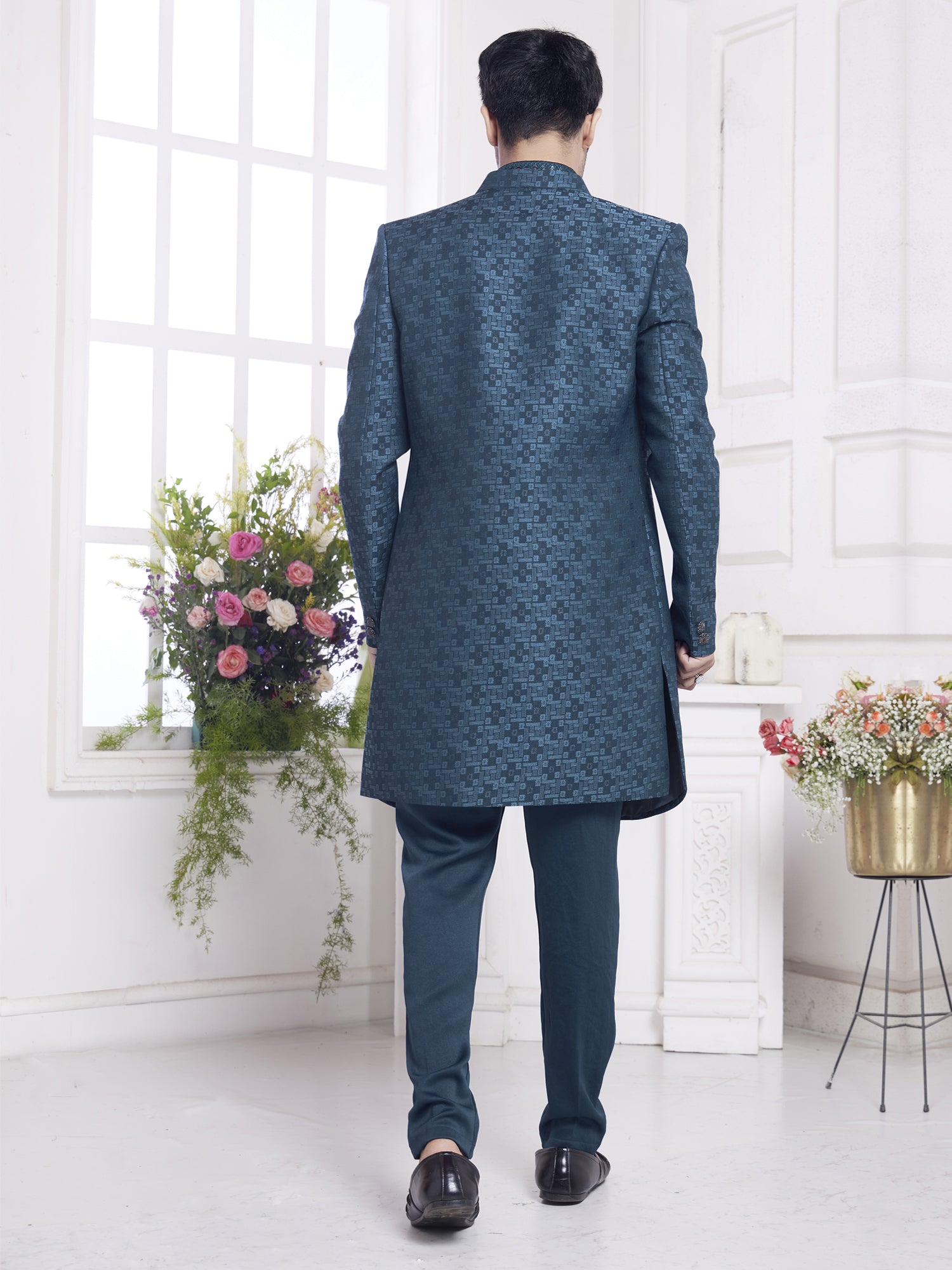 Blue Sequins Work Indowestern Set In Silk For Mens