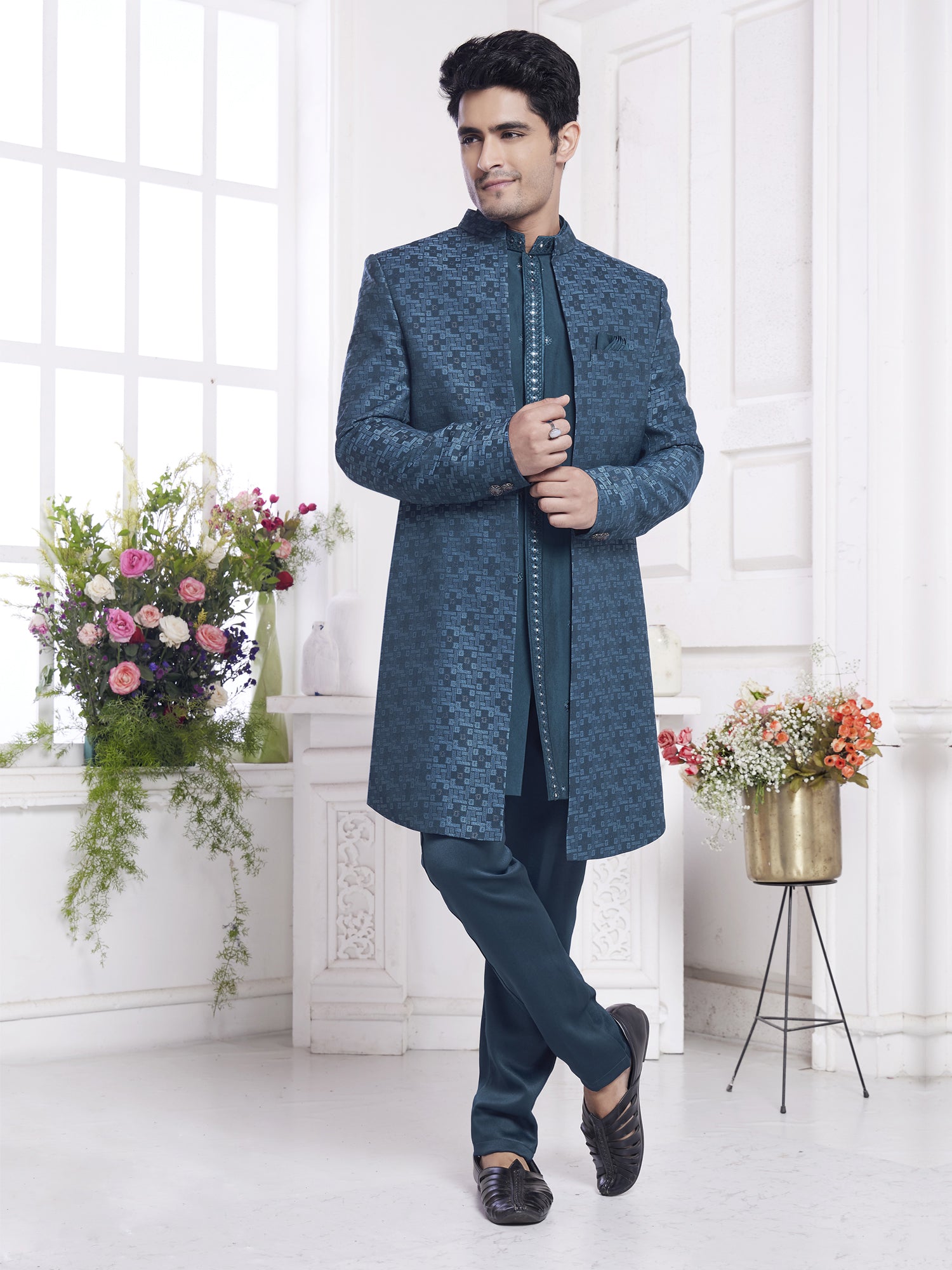 Blue Sequins Work Indowestern Set In Silk For Mens