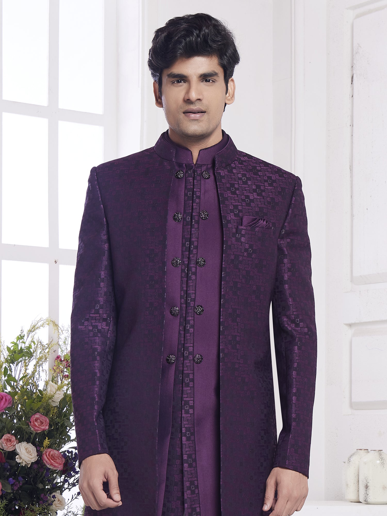 Wine Menswear Jacket Style Indo Western In Jacquard