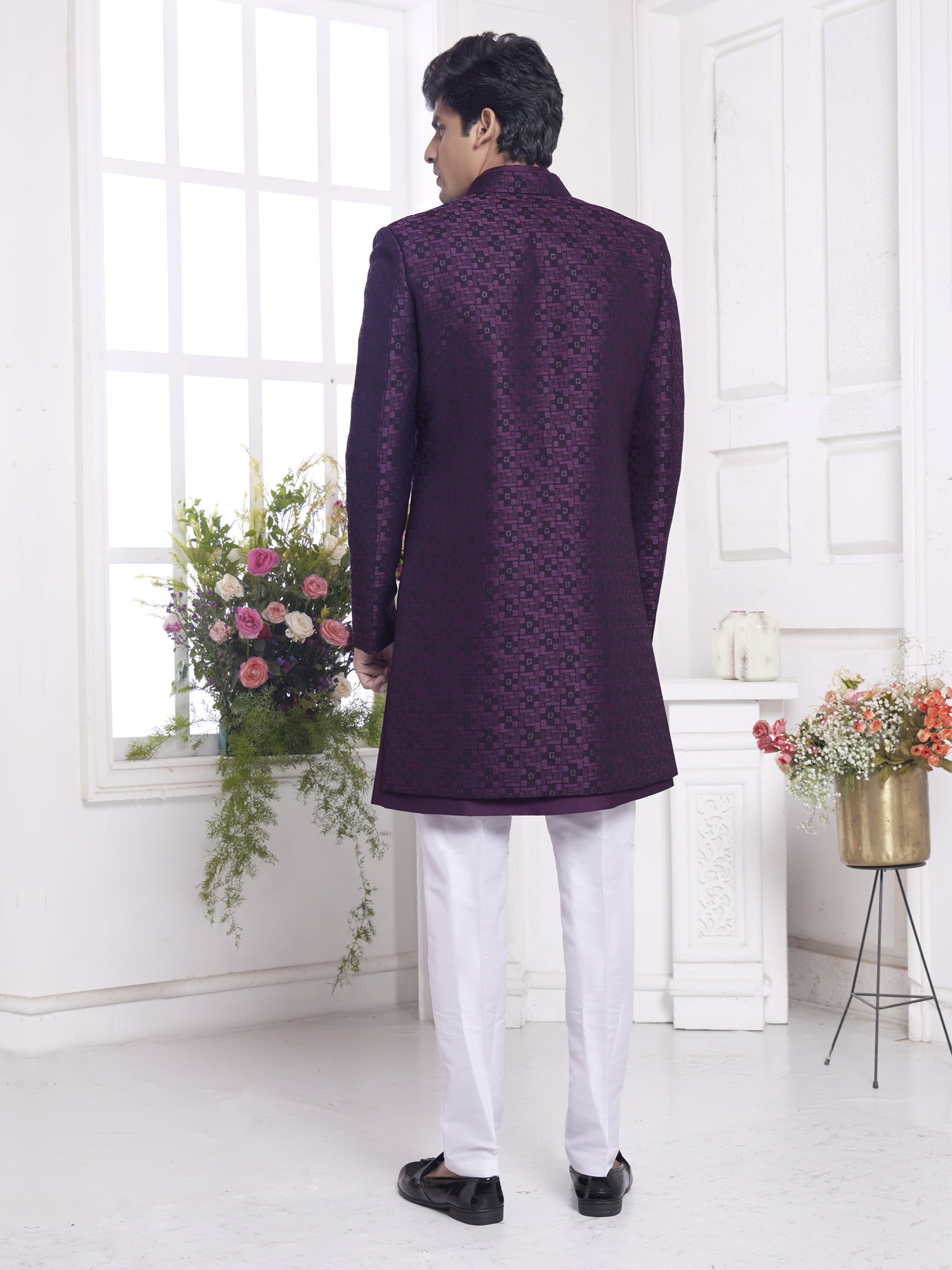 Wine Menswear Jacket Style Indo Western In Jacquard