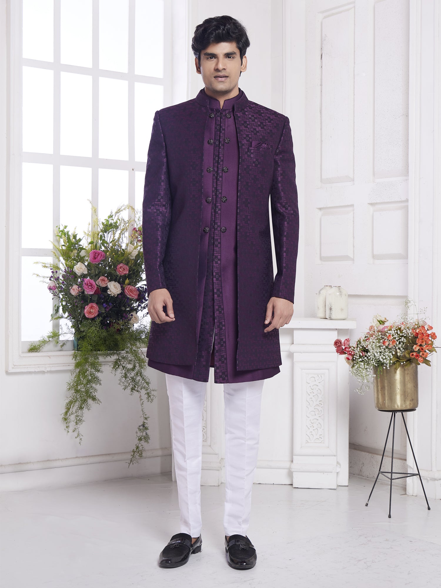 Wine Menswear Jacket Style Indo Western In Jacquard