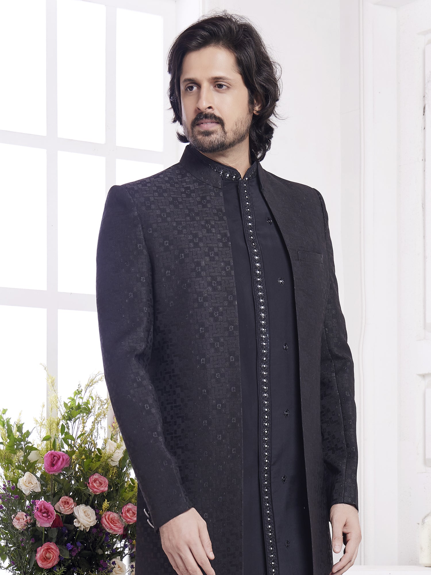 Black Front Open Jacketed Style Indowestern Set