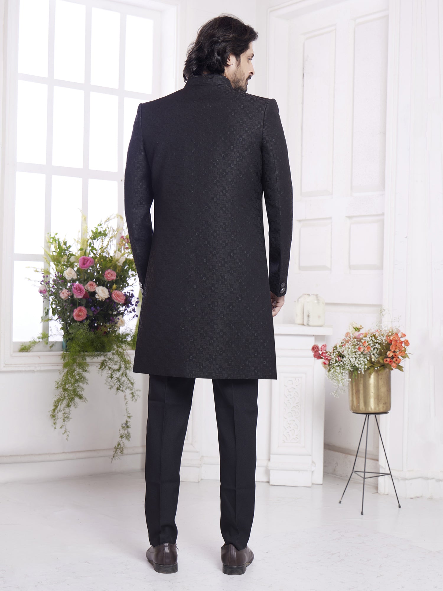 Black Front Open Jacketed Style Indowestern Set